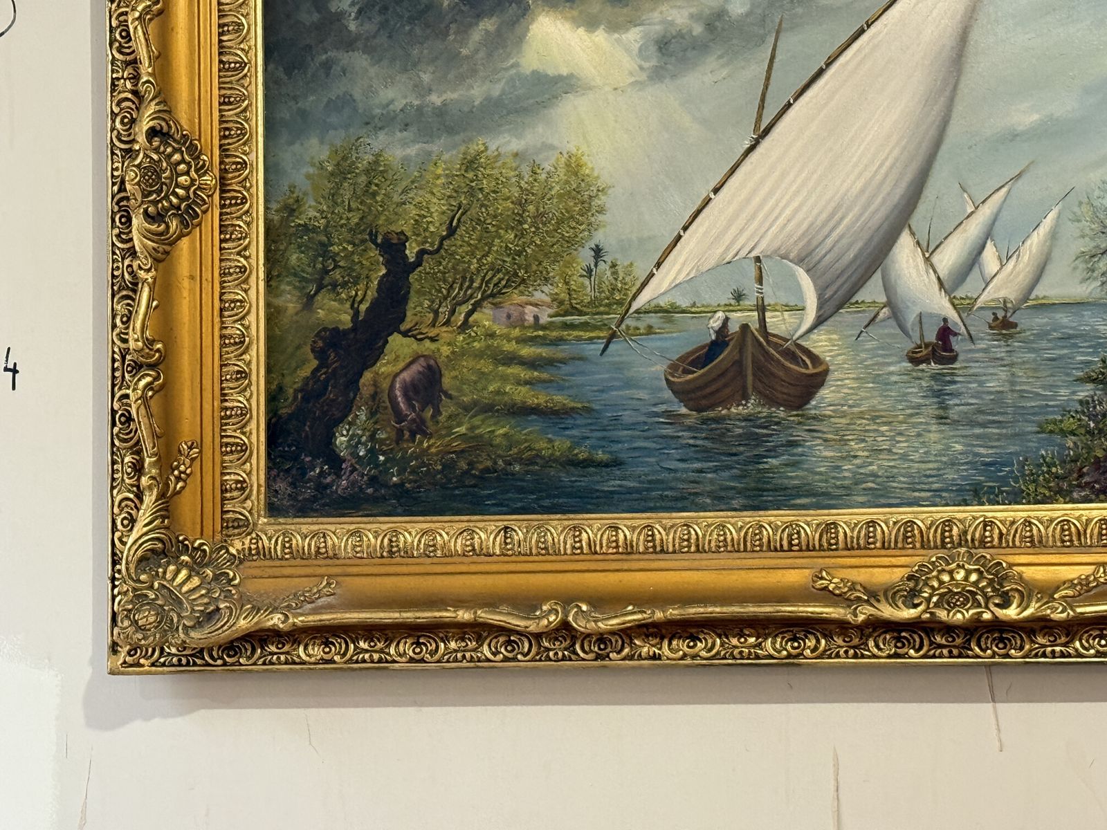 Large Orientalist Oil Painting – Sailboats & Village Scene, Gilt Baroque Frame, 140×80 Cm photo furniture