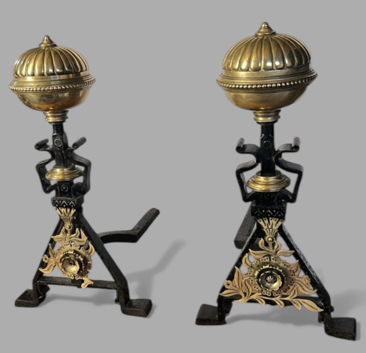Large Pair Of Victorian Cast Iron & Brass Fire Dogs / Andirons, C.1880–1900 photo for sale
