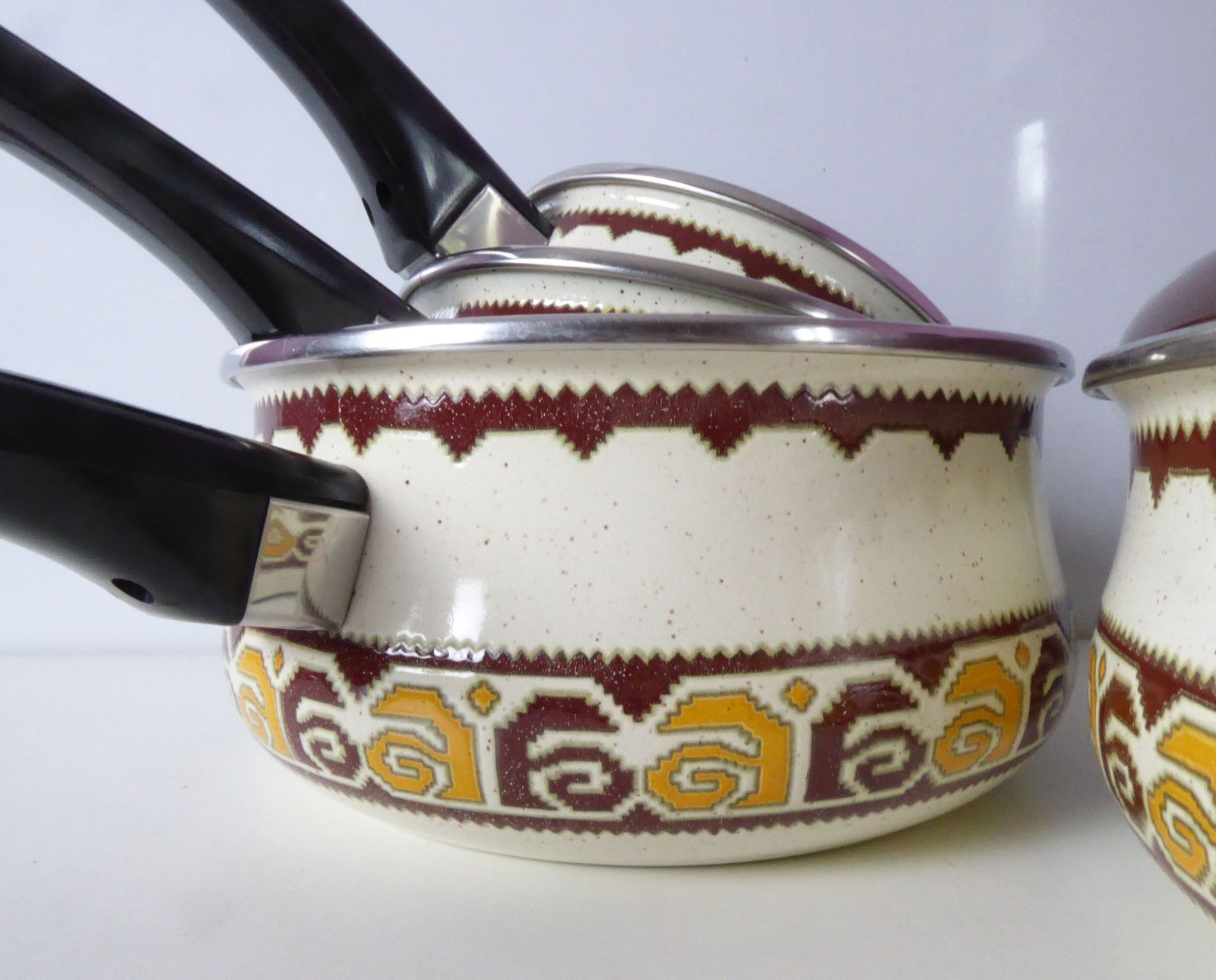 photo furniture Retro Enamel Saucepan Set, French Casserole, Skillet And Three Saucepans
