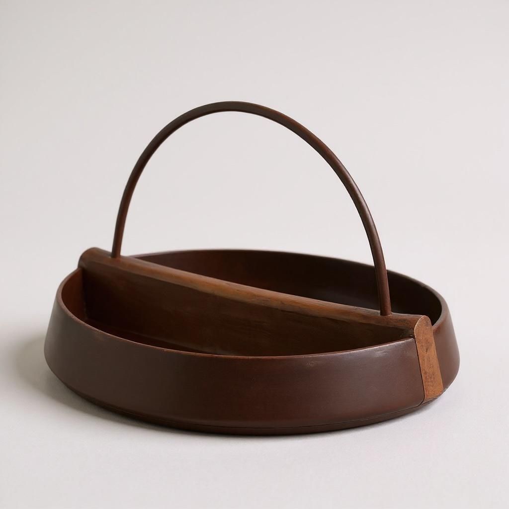 Mid Century Teak Bowl With Brass Handle • Divided Wooden Bowl • Modernist Teak Dish • Aubock Style Vintage Decor • Teak Brass Centrepiece photo for sale