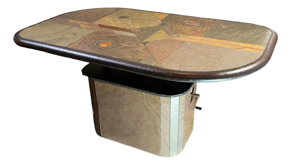 Brutalist Coffee Table In Stone, Copper & Brass By Paul Kingma, 1970s