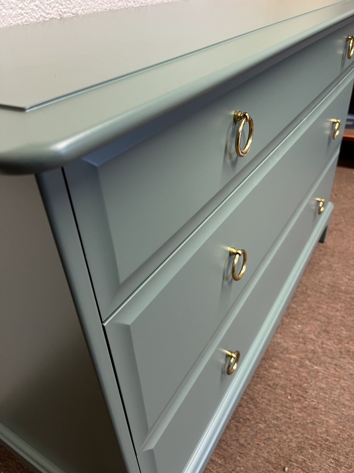 2 Stag Minstrel Chests Of Drawers. Professionally Spray Painted In Farrow & Ball Green Smoke. Like New Condition. Also More Bedroom Furniture Available photo for sale