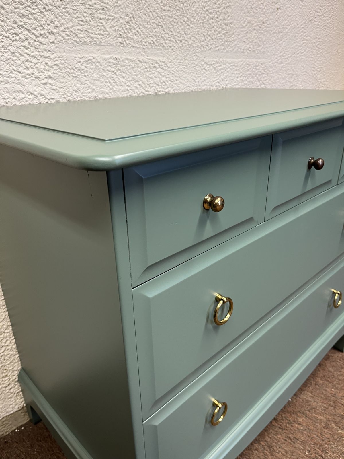 2 Stag Minstrel Chests Of Drawers. Professionally Spray Painted In Farrow & Ball Green Smoke. Like New Condition. Also More Bedroom Furniture Available photo Furniture