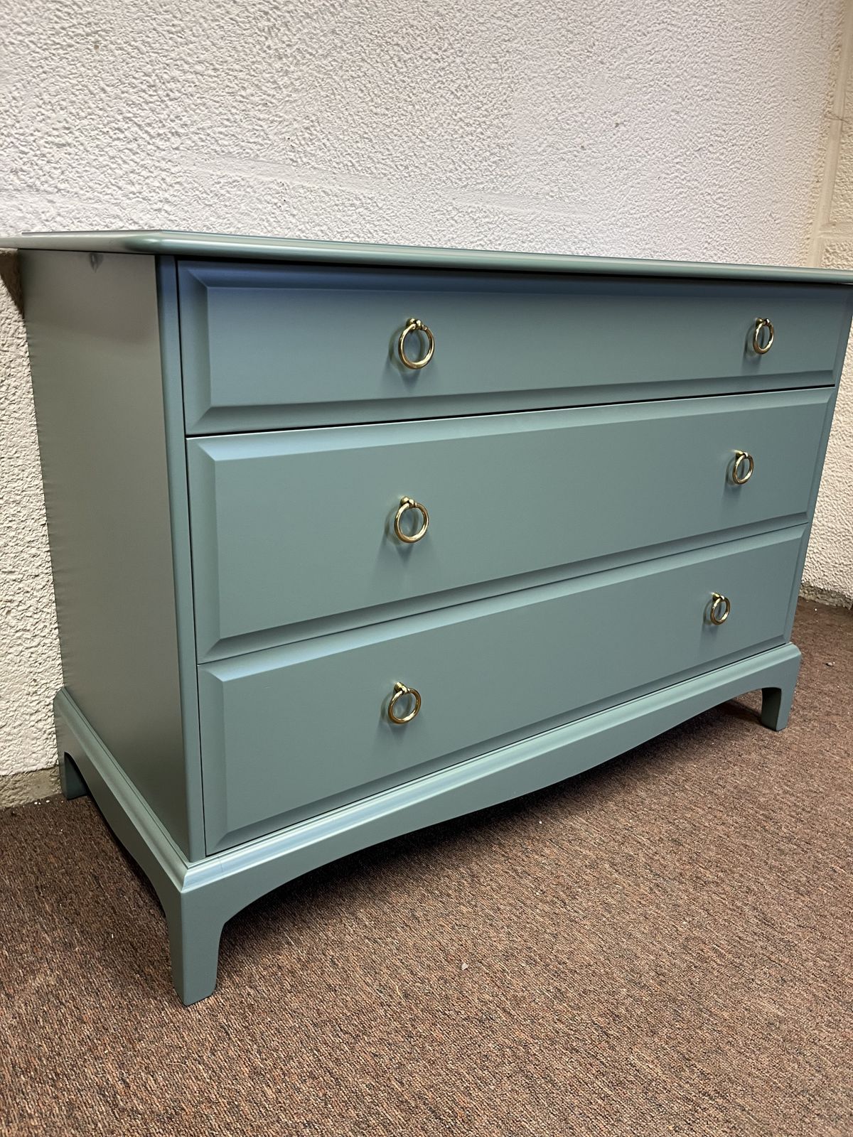 2 Stag Minstrel Chests Of Drawers. Professionally Spray Painted In Farrow & Ball Green Smoke. Like New Condition. Also More Bedroom Furniture Available photo 450.0