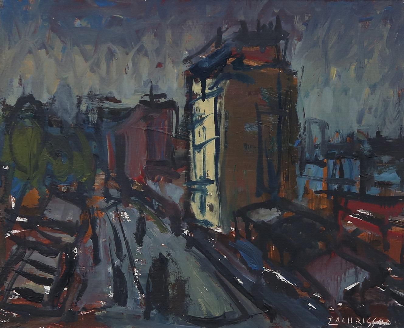 Original Swedish Oil On Panel – “City II” By P.O. Zachrisson – Signed & Framed – 36 × 42 Cm (14.2" × 16.5") photo for sale