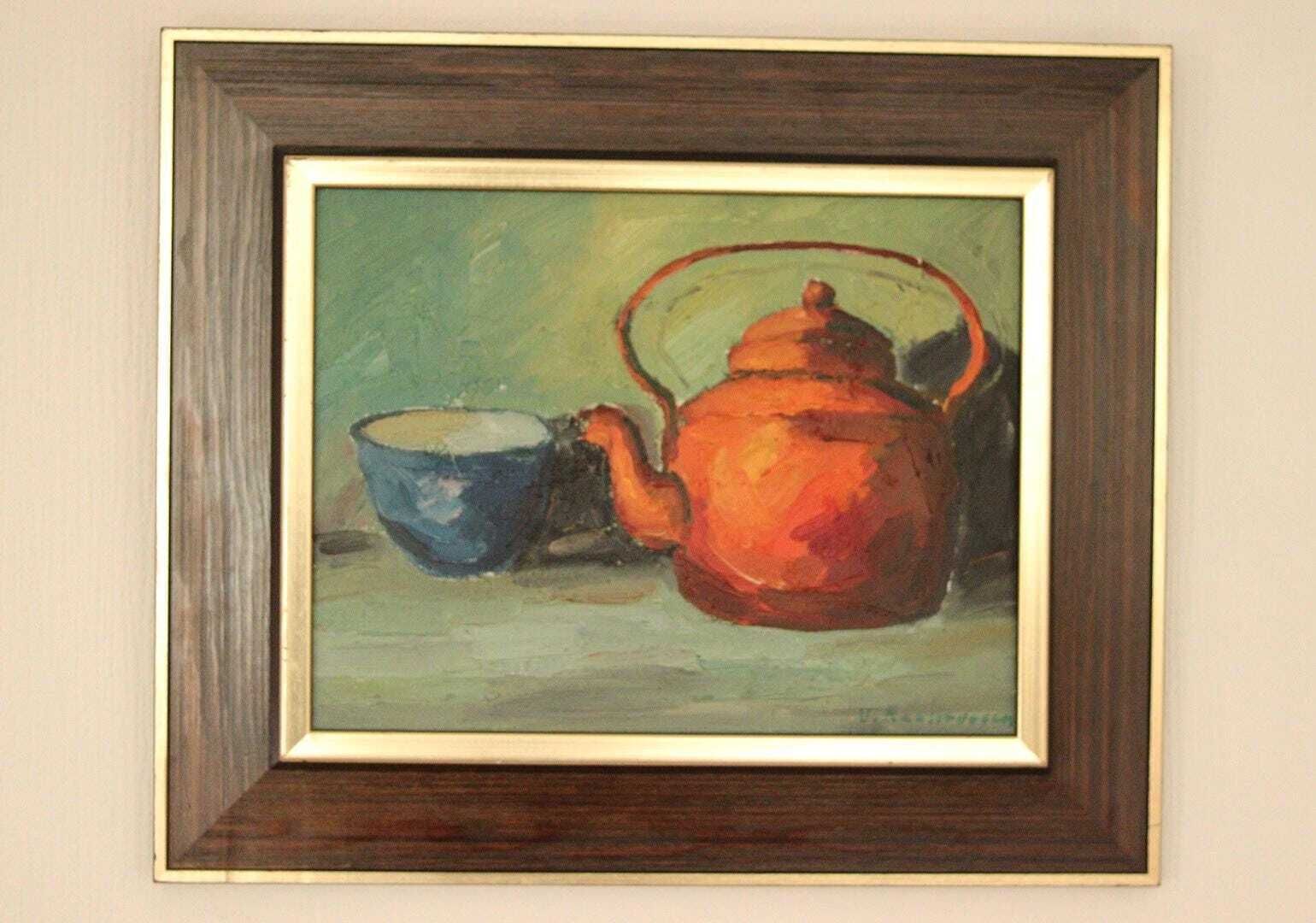 Original Mid Century Swedish Oil On Canvas – “Kettle And Mug” By Viktor Rasmussen – Vintage & Framed – 50 × 42 Cm (19.7" × 16.5") photo furniture