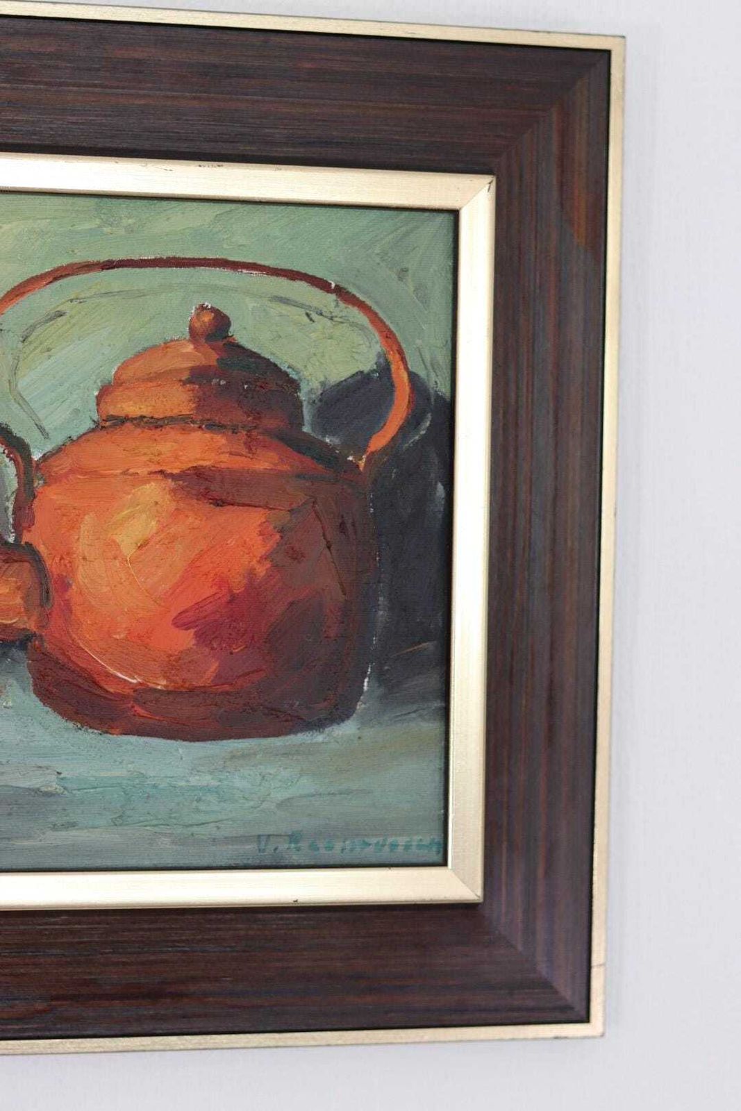 photo furniture Original Mid Century Swedish Oil On Canvas – “Kettle And Mug” By Viktor Rasmussen – Vintage & Framed – 50 × 42 Cm (19.7" × 16.5")