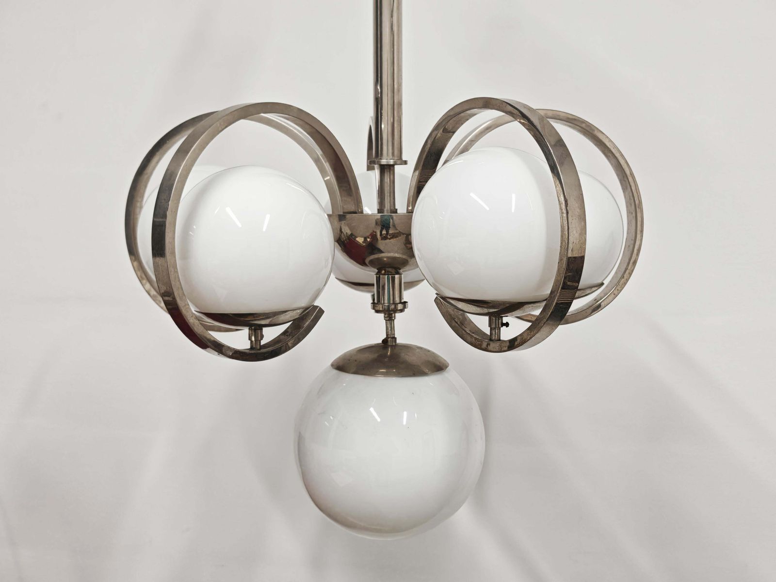 Xxl Bauhaus Salon Chandelier In Nickel Plated Brass And Milk Glass photo vinterior