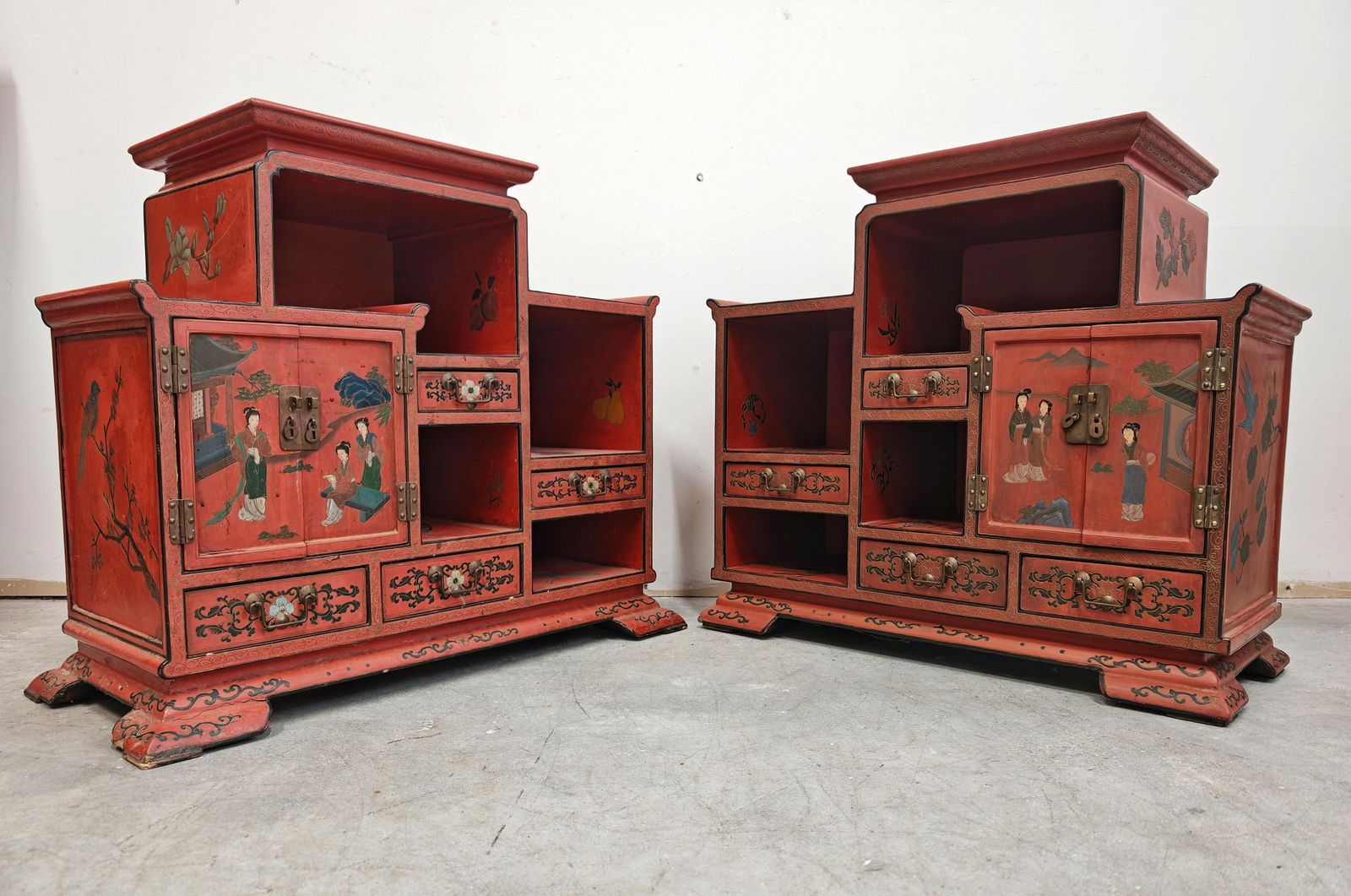 Antique Nightstands In Red Lacquer And Hand Painted Ornaments, China 1800s photo vintage