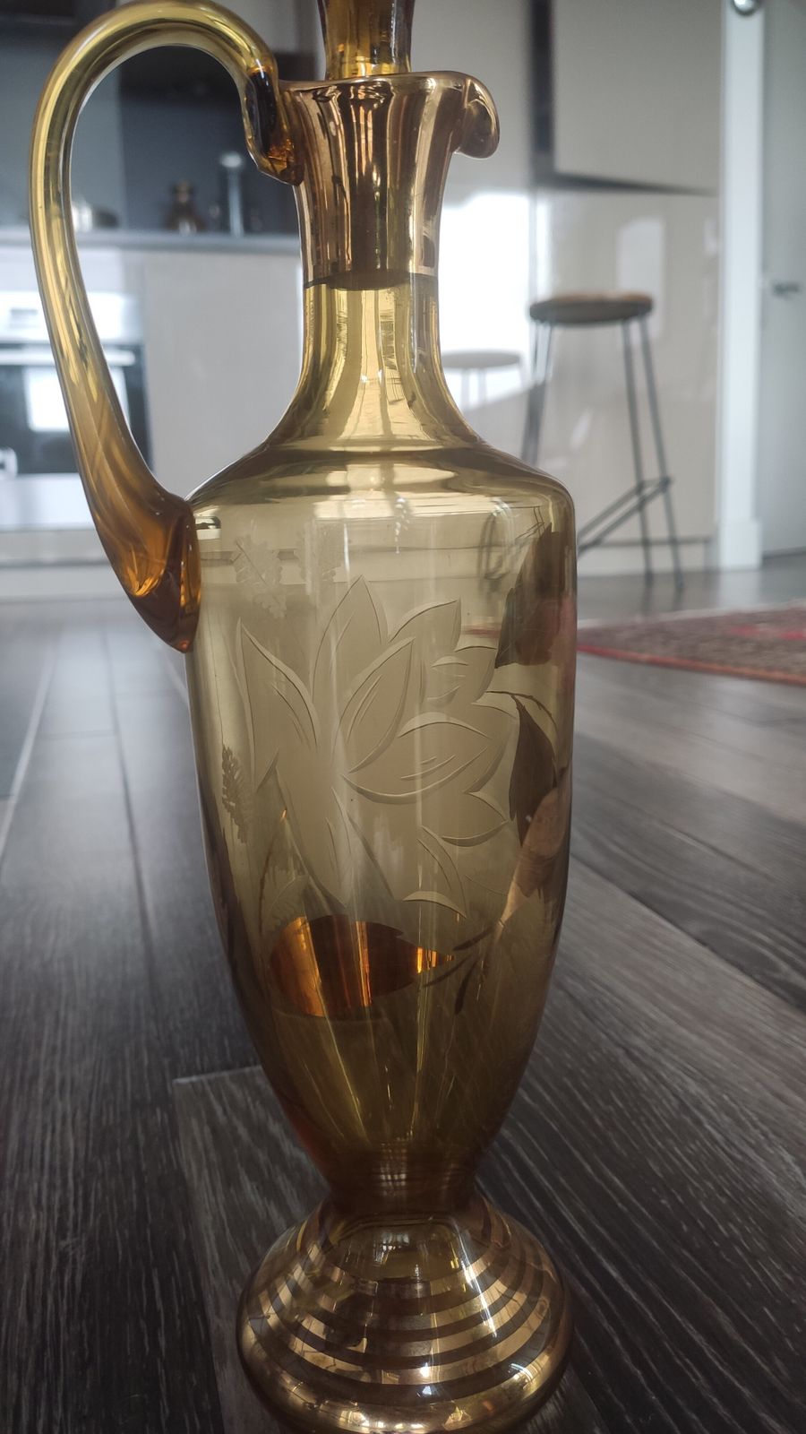 Bohemian Amber Glass Decanter With Hand Etched Décor And Hand Gold Finish photo for sale