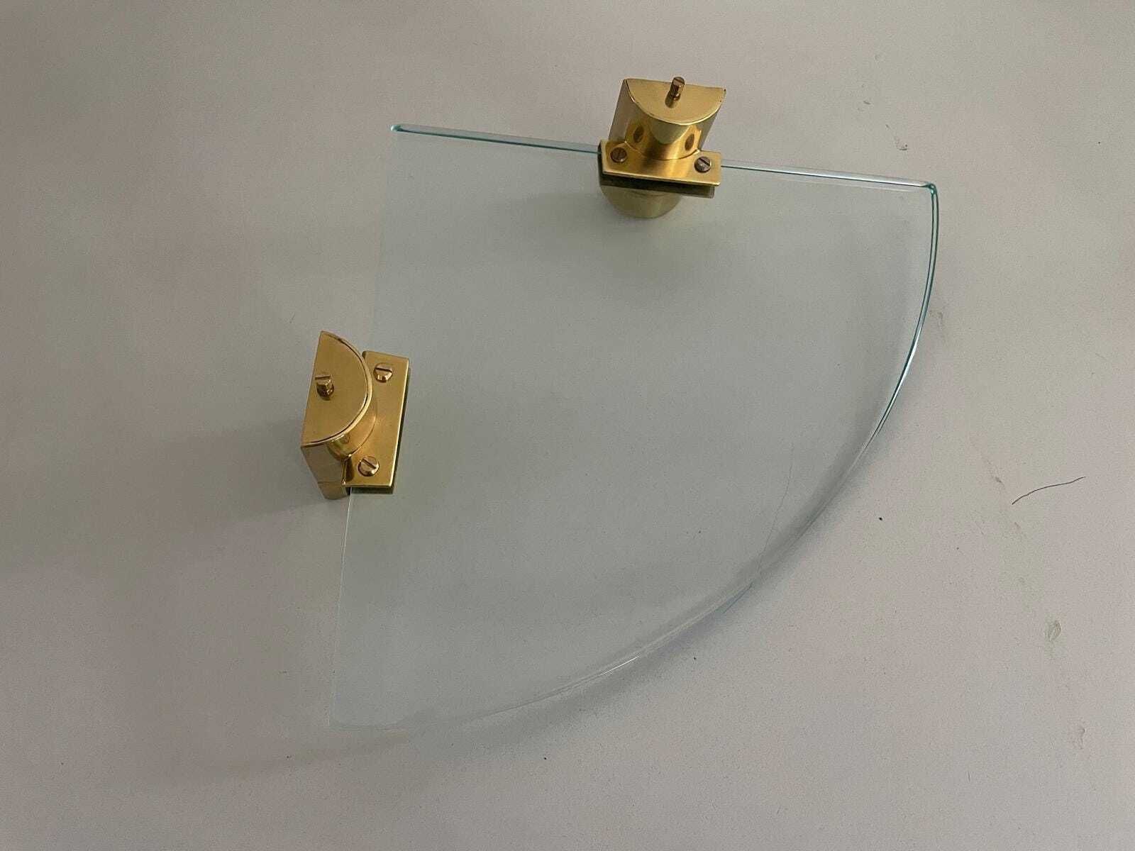Mid Century Italian Thick Glass And Brass Pair Of Floating Corner Wall Shelfs, 1960s, Italy photo vinterior