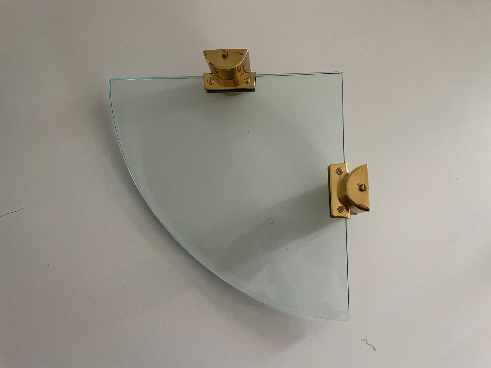 Mid Century Italian Thick Glass And Brass Pair Of Floating Corner Wall Shelfs, 1960s, Italy photo buy