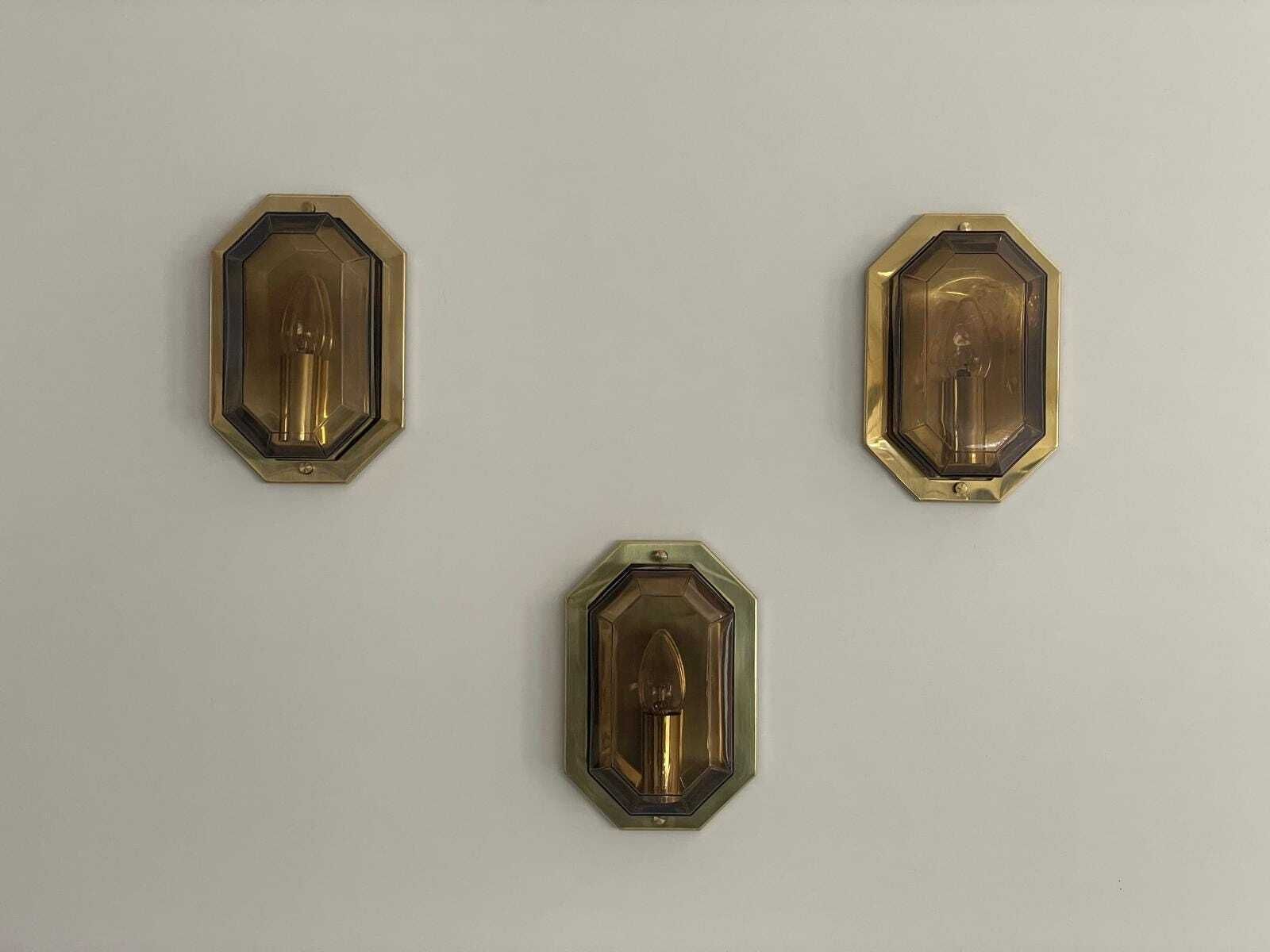 Smoke Glass & Brass Set Of 3 Sconces By Limburg, 1960s, Germany photo Lighting