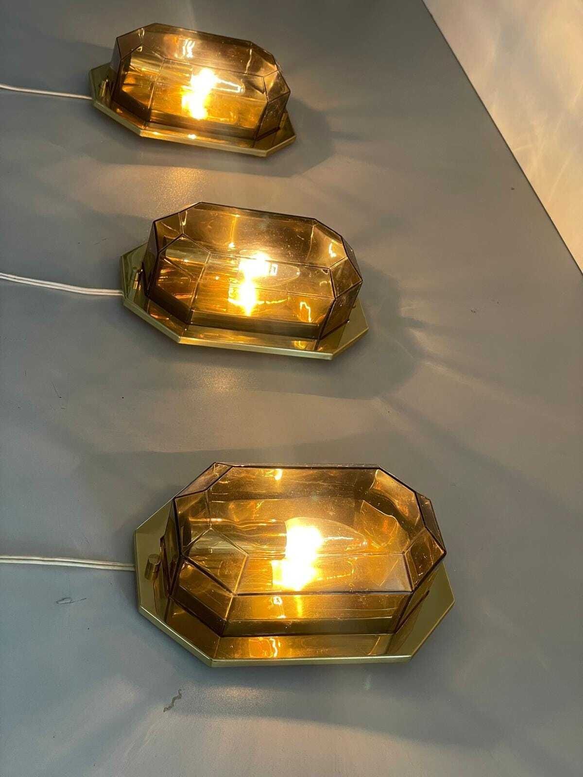 Smoke Glass & Brass Set Of 3 Sconces By Limburg, 1960s, Germany photo vinterior