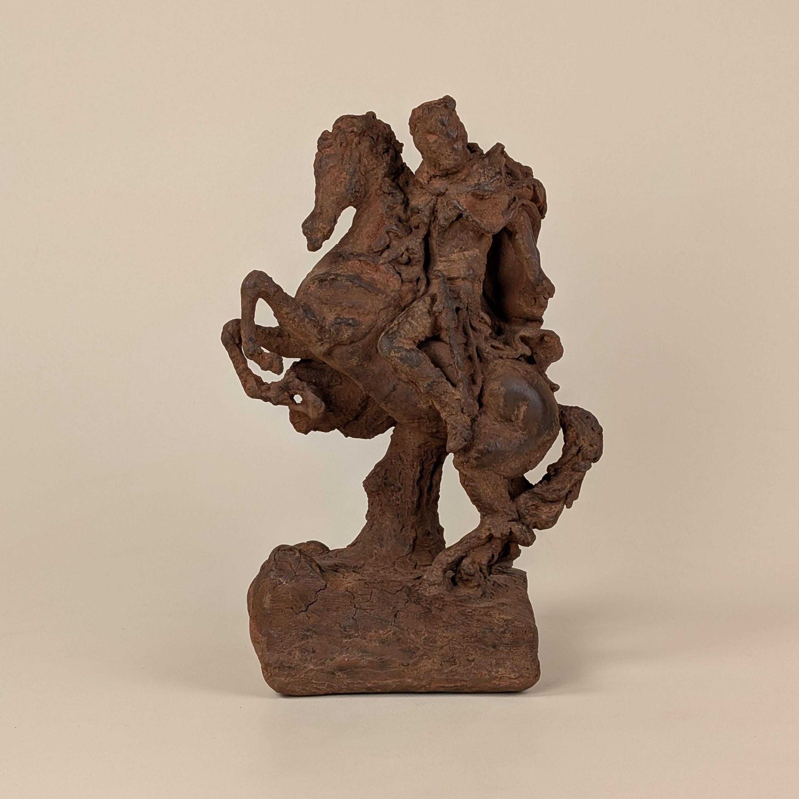 Antique French Terracotta Equestrian Warrior Sculpture: Rearing Horse Clay Statue Baroque Style