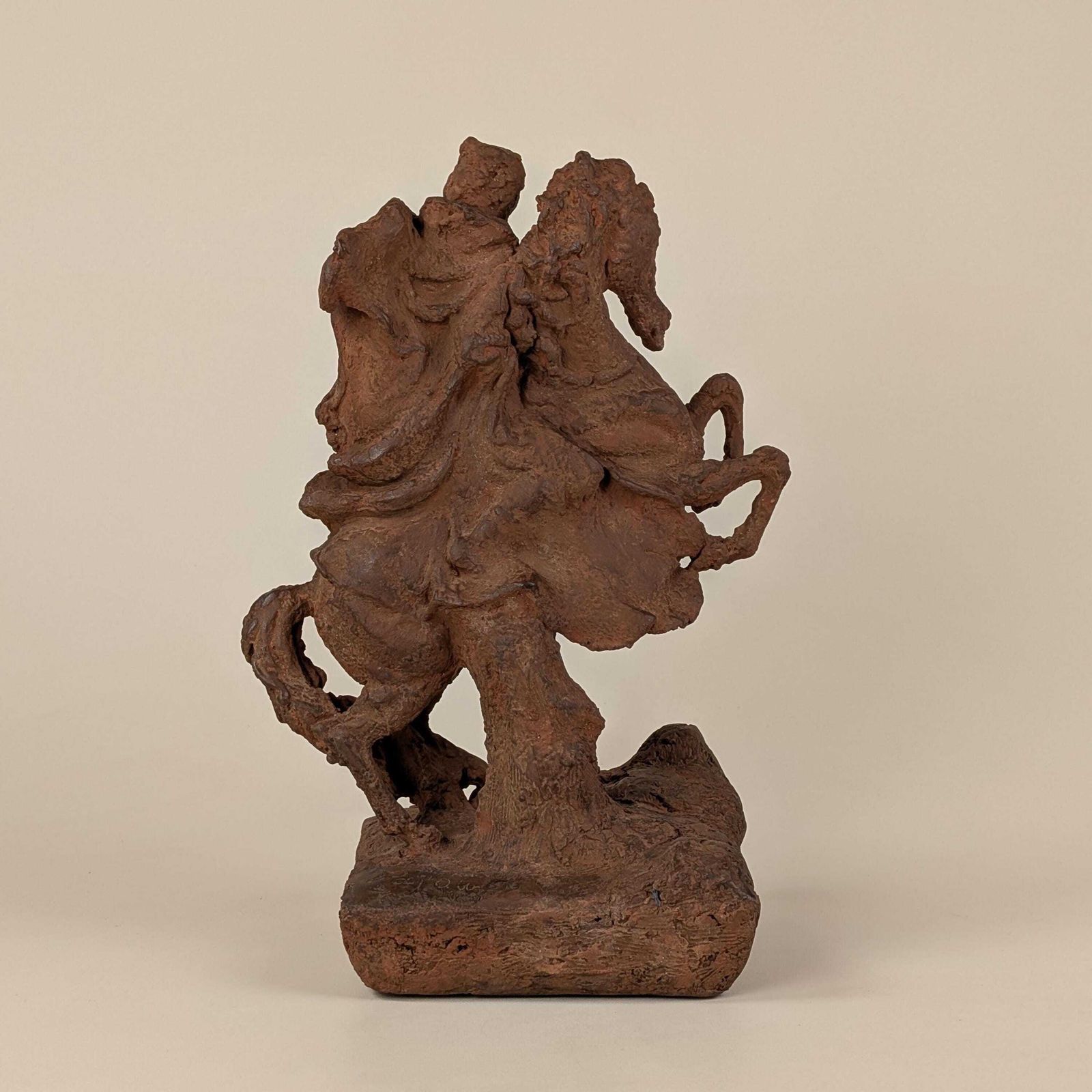 Antique French Terracotta Equestrian Warrior Sculpture: Rearing Horse Clay Statue Baroque Style photo for sale