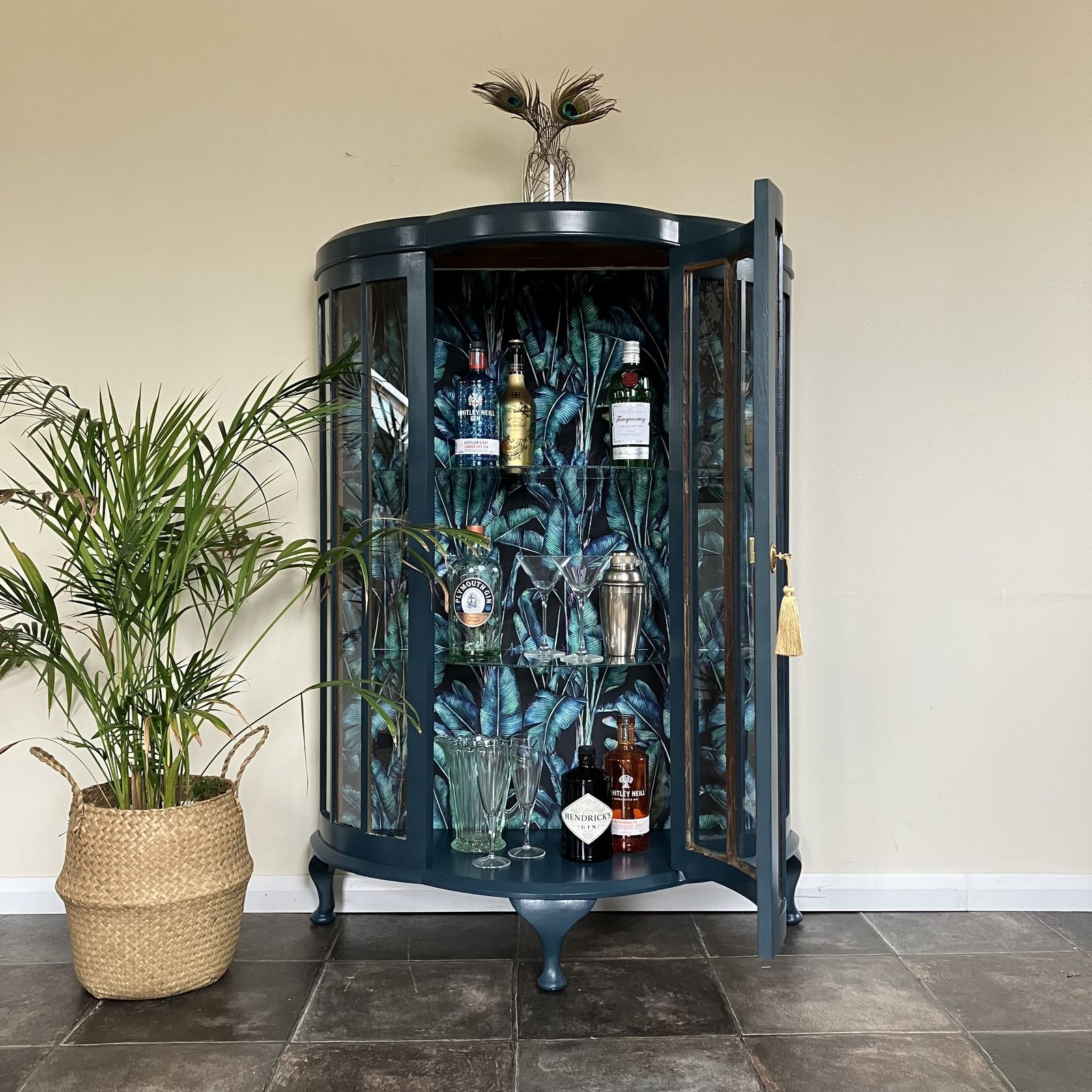 Antique Painted Glass Gin Display Cabinet: Farrow And Ball Hague Blue, Paradise Velvet Interior photo furniture