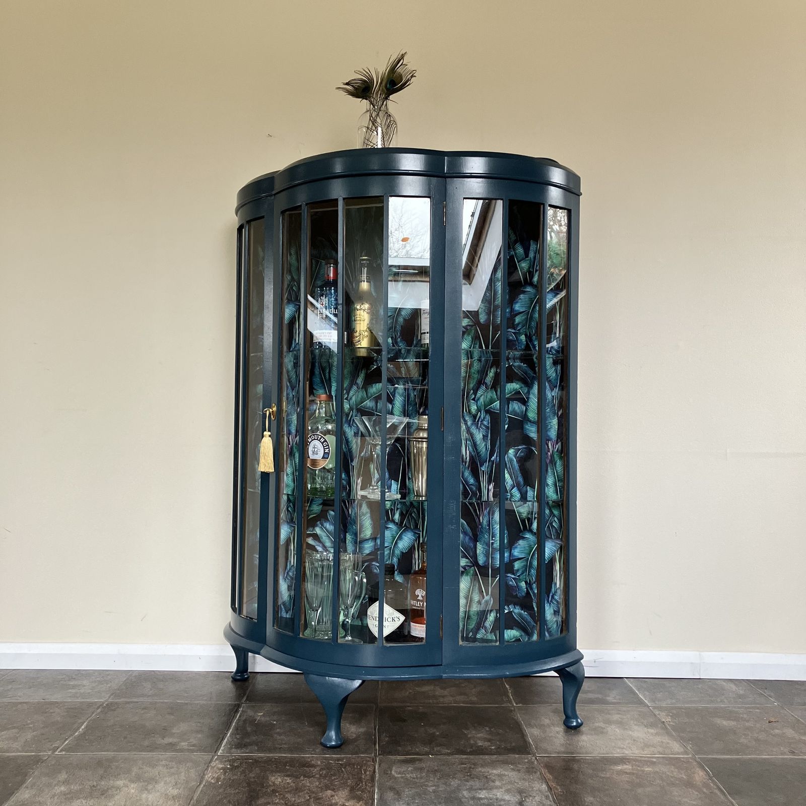 Antique Painted Glass Gin Display Cabinet: Farrow And Ball Hague Blue, Paradise Velvet Interior photo buy