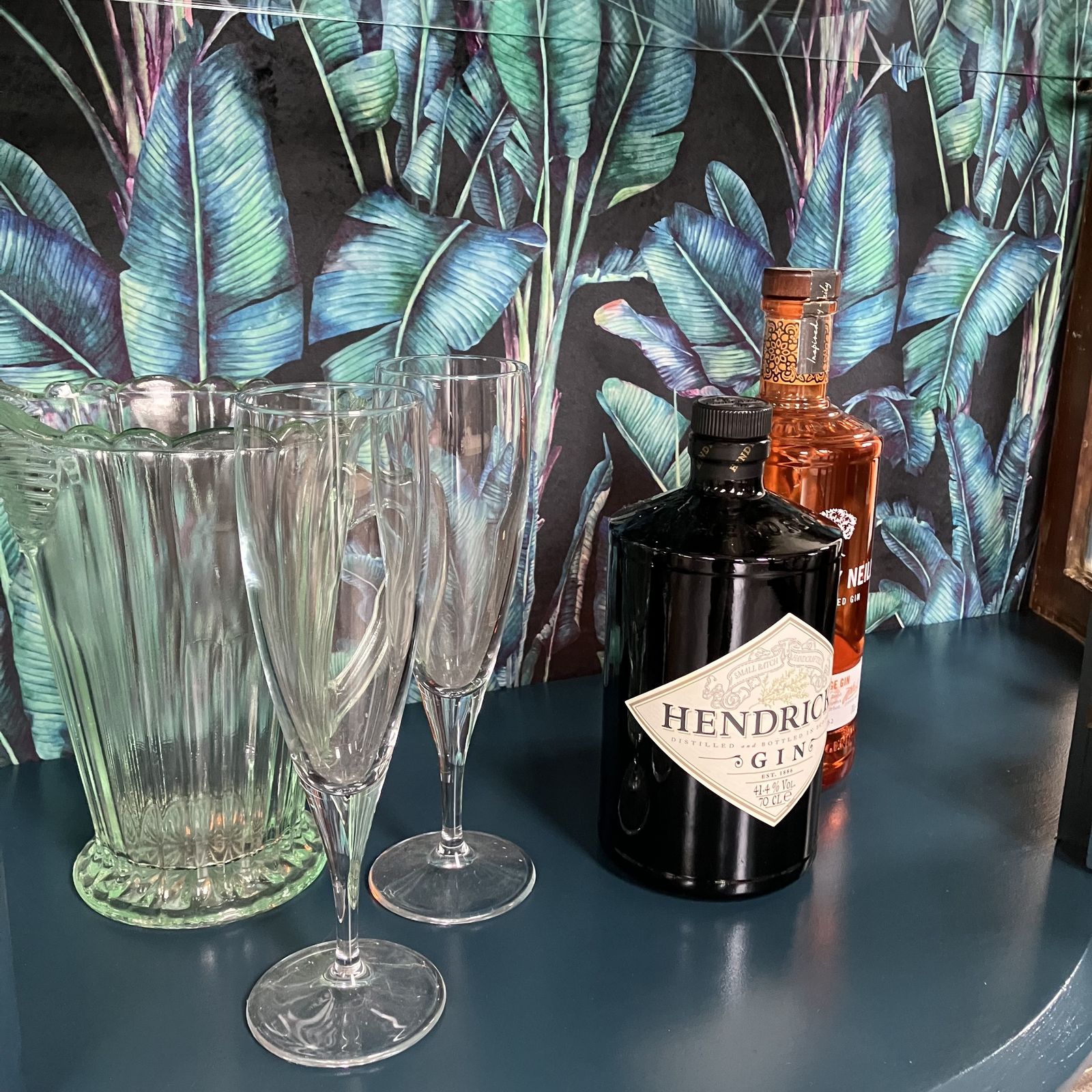 photo furniture Antique Painted Glass Gin Display Cabinet: Farrow And Ball Hague Blue, Paradise Velvet Interior