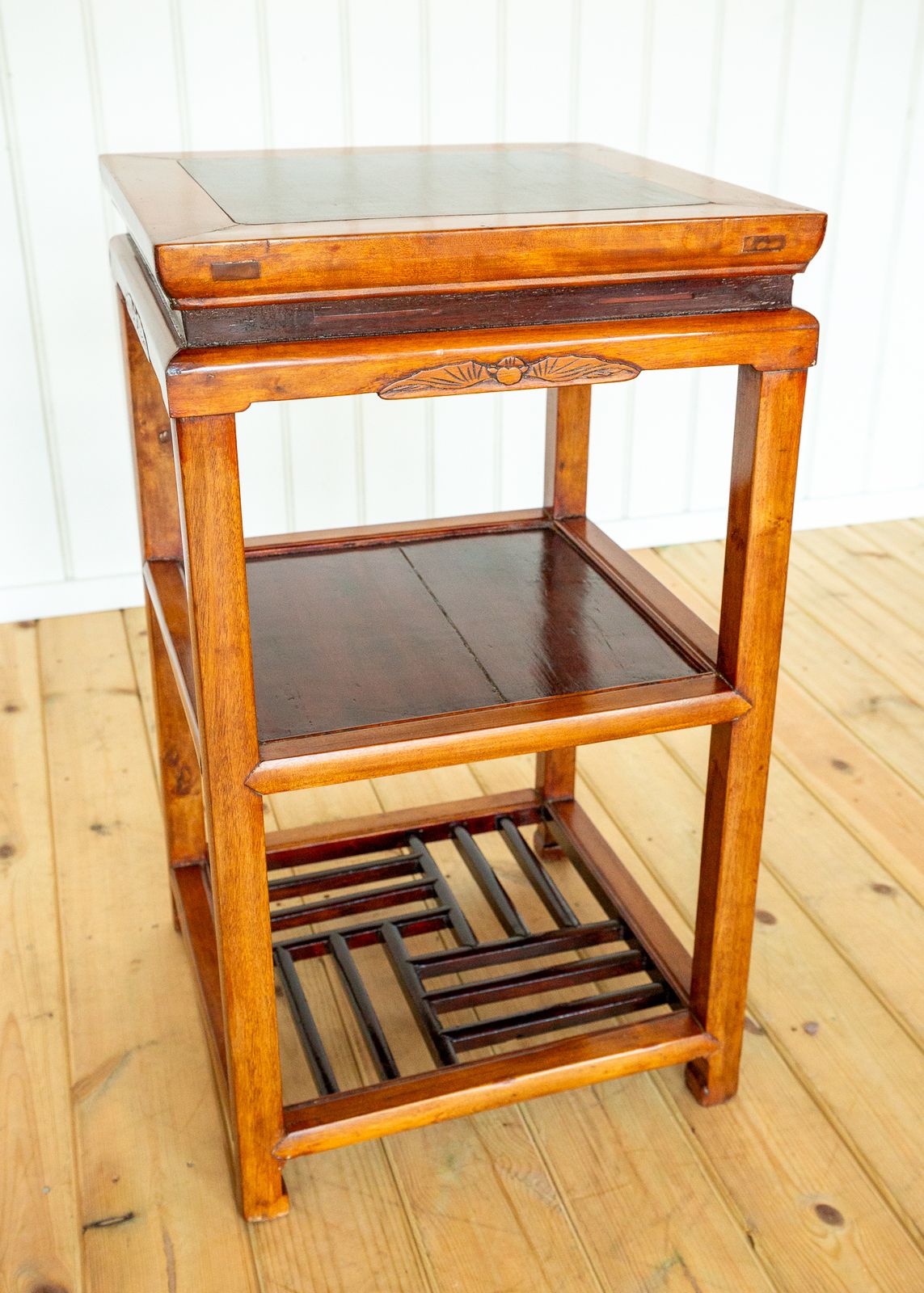 photo for sale Chinese Tiered Lamp Side Table Antique Qing Dynasty Fretwork Two Tone Blonde Red Scholars Tea Tabl.E 1890 Geometric Blood Ju Yumu Jumu Elm Jiangsu