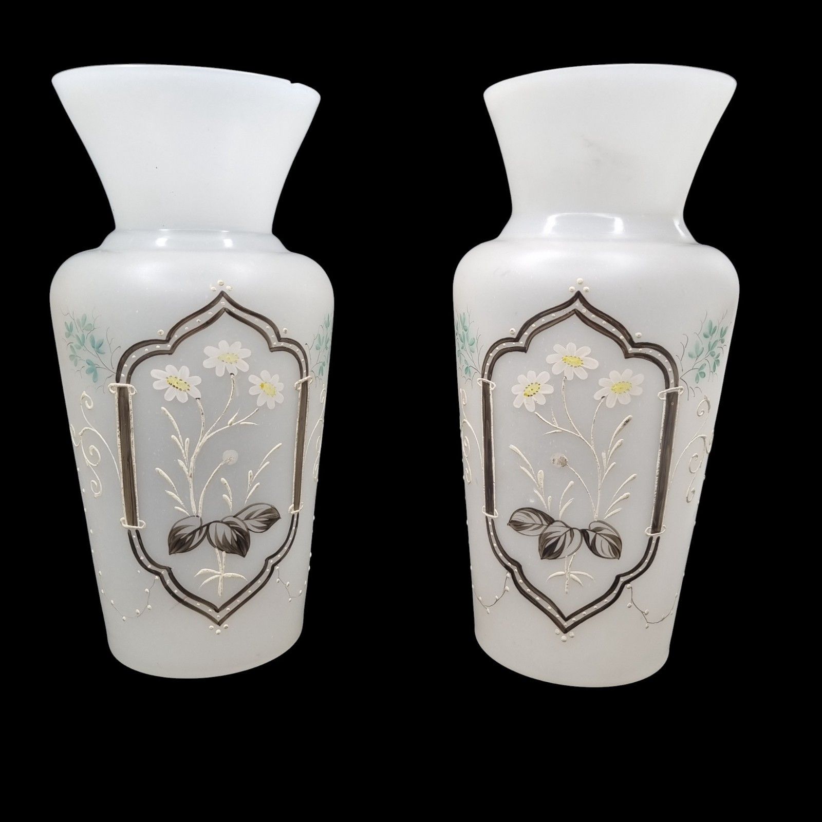 Victorian Opaline Vase Pair Of Hand Painted Decorative Frosted Art Glass