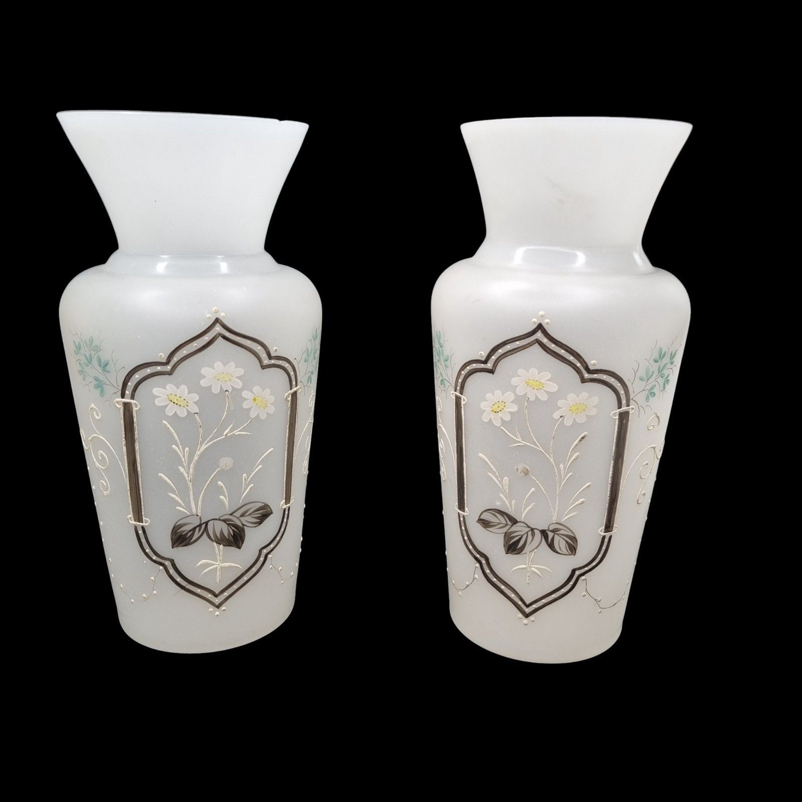 Victorian Opaline Vase Pair Of Hand Painted Decorative Frosted Art Glass photo furniture