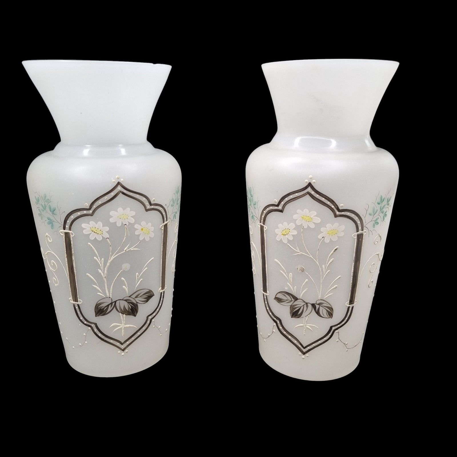 Victorian Opaline Vase Pair Of Hand Painted Decorative Frosted Art Glass photo for sale
