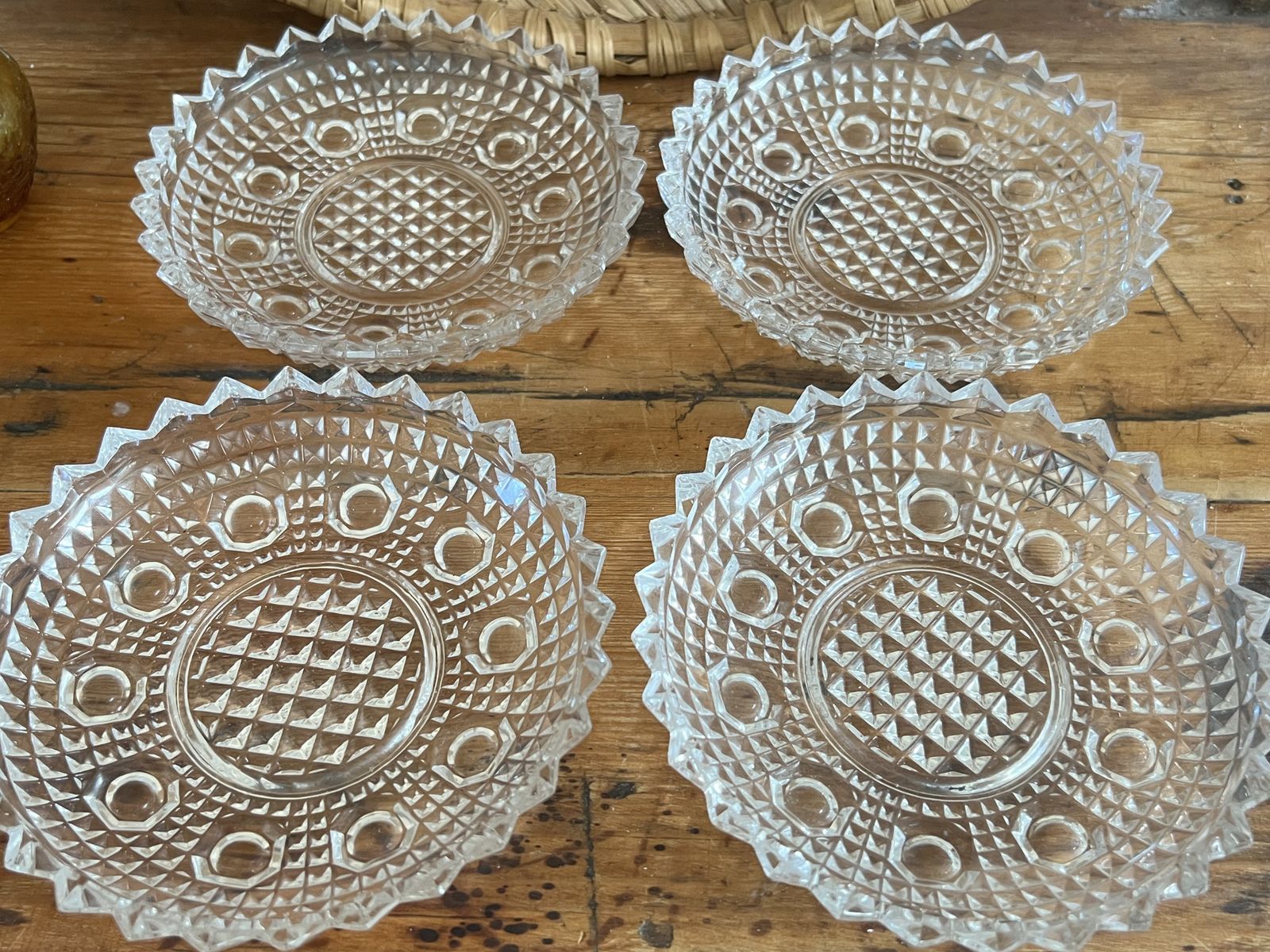Set Of 4 Vintage Cut Crystal Glass Dessert Bowls, Serving Dishes, Clear Cut Glass Relish Plates, photo for sale