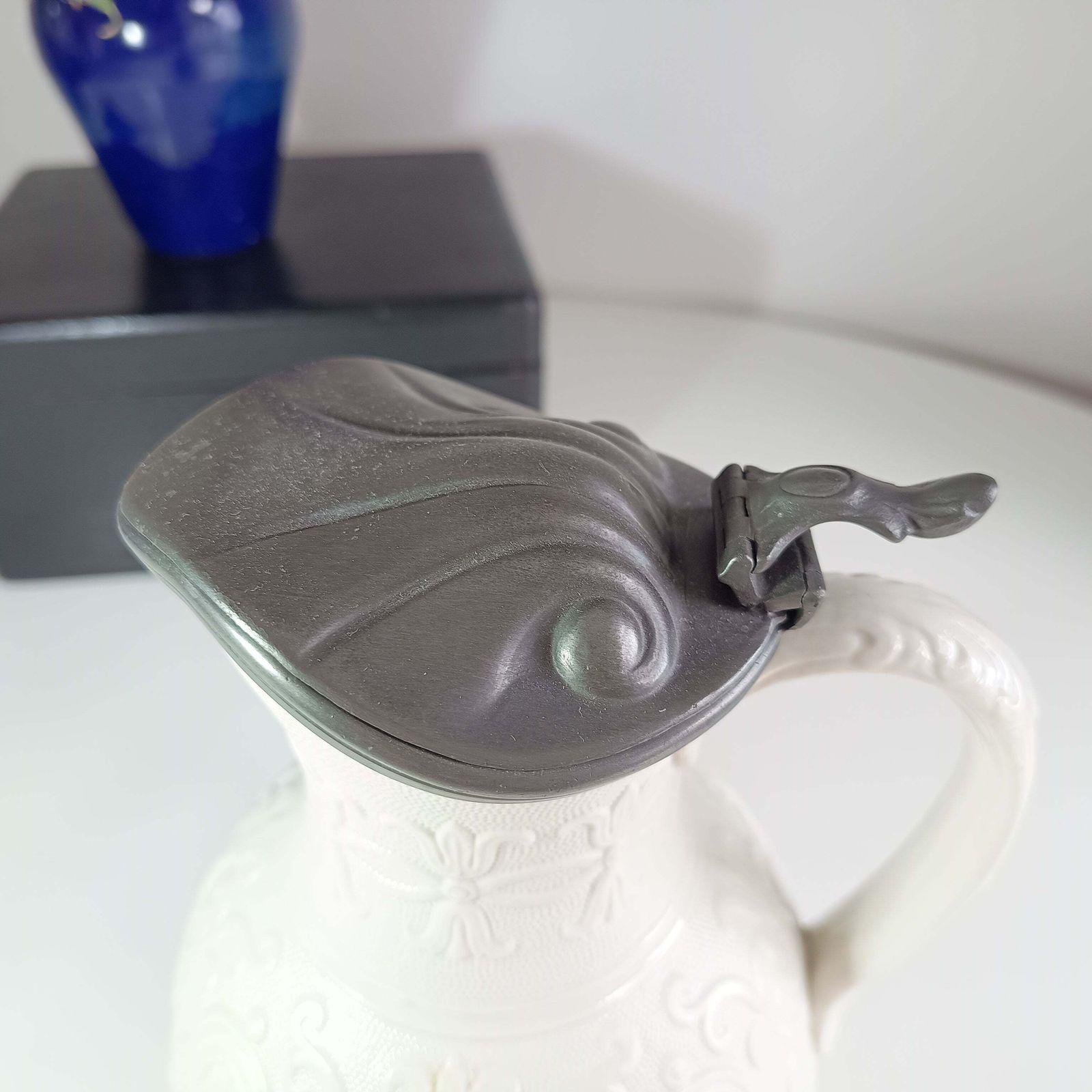 Victorian Staffordshire “Tyrol” Relief‑Moulded Jug, Brownfield Stoneware, J. Dixon Pewter Lid photo vintage