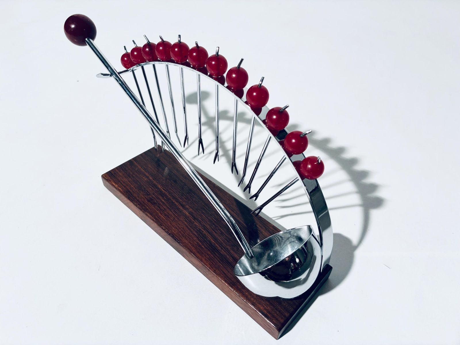 Art Deco French Cherry Design Ebony Wood Punch Bowl Cocktail 12 Forks Holder Set With Spoon photo Home Decor