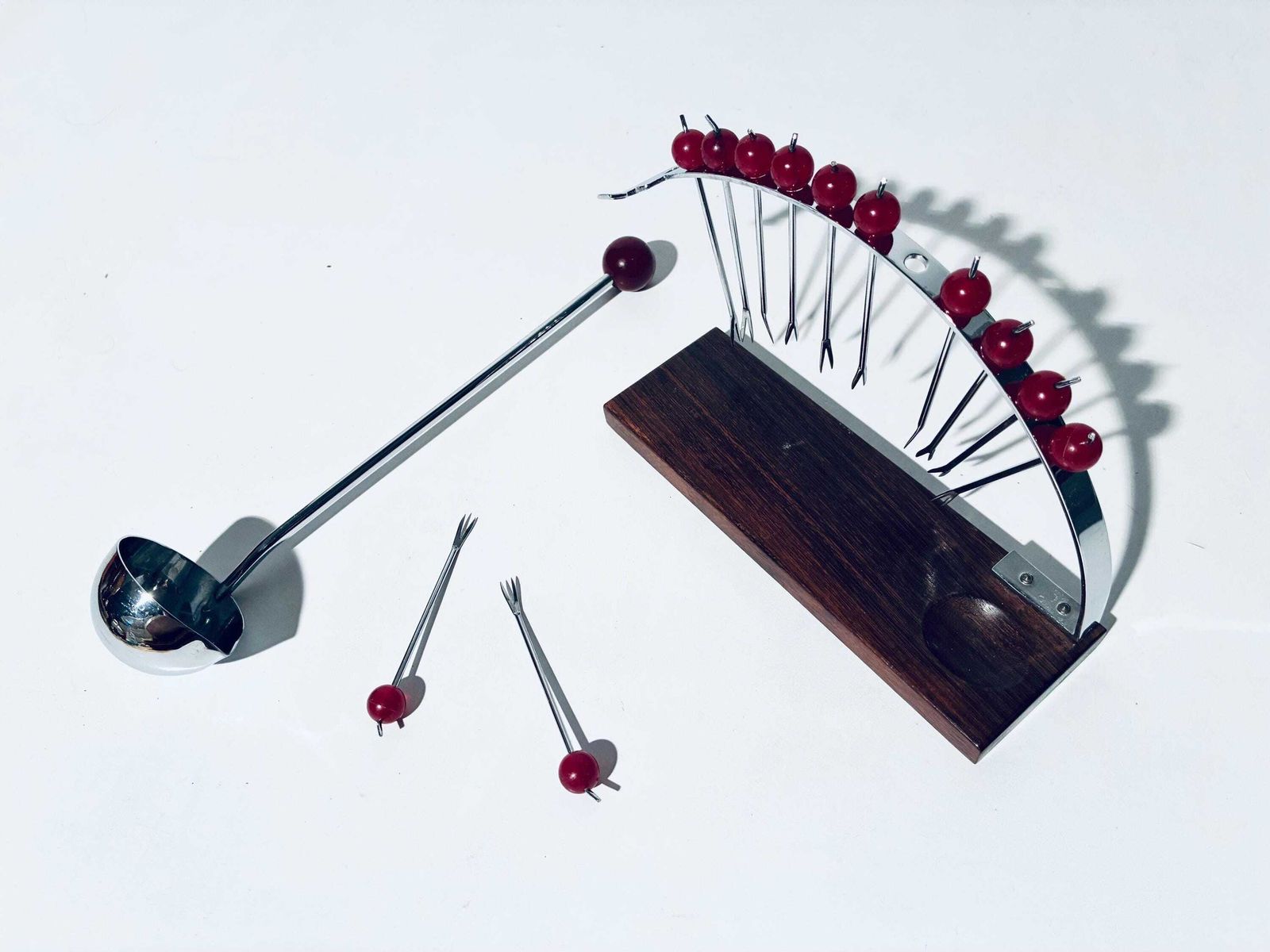 Art Deco French Cherry Design Ebony Wood Punch Bowl Cocktail 12 Forks Holder Set With Spoon photo 167.0