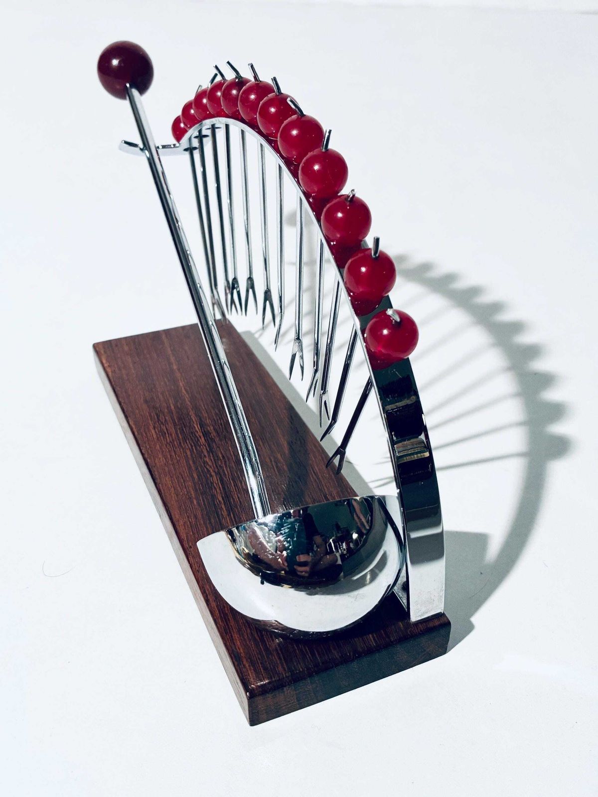 Home Decor Art Deco French Cherry Design Ebony Wood Punch Bowl Cocktail 12 Forks Holder Set With Spoon photo
