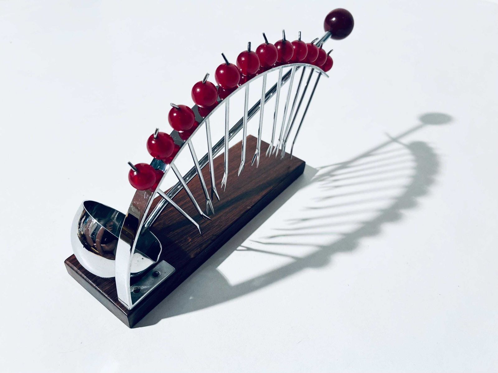 photo vinterior Art Deco French Cherry Design Ebony Wood Punch Bowl Cocktail 12 Forks Holder Set With Spoon