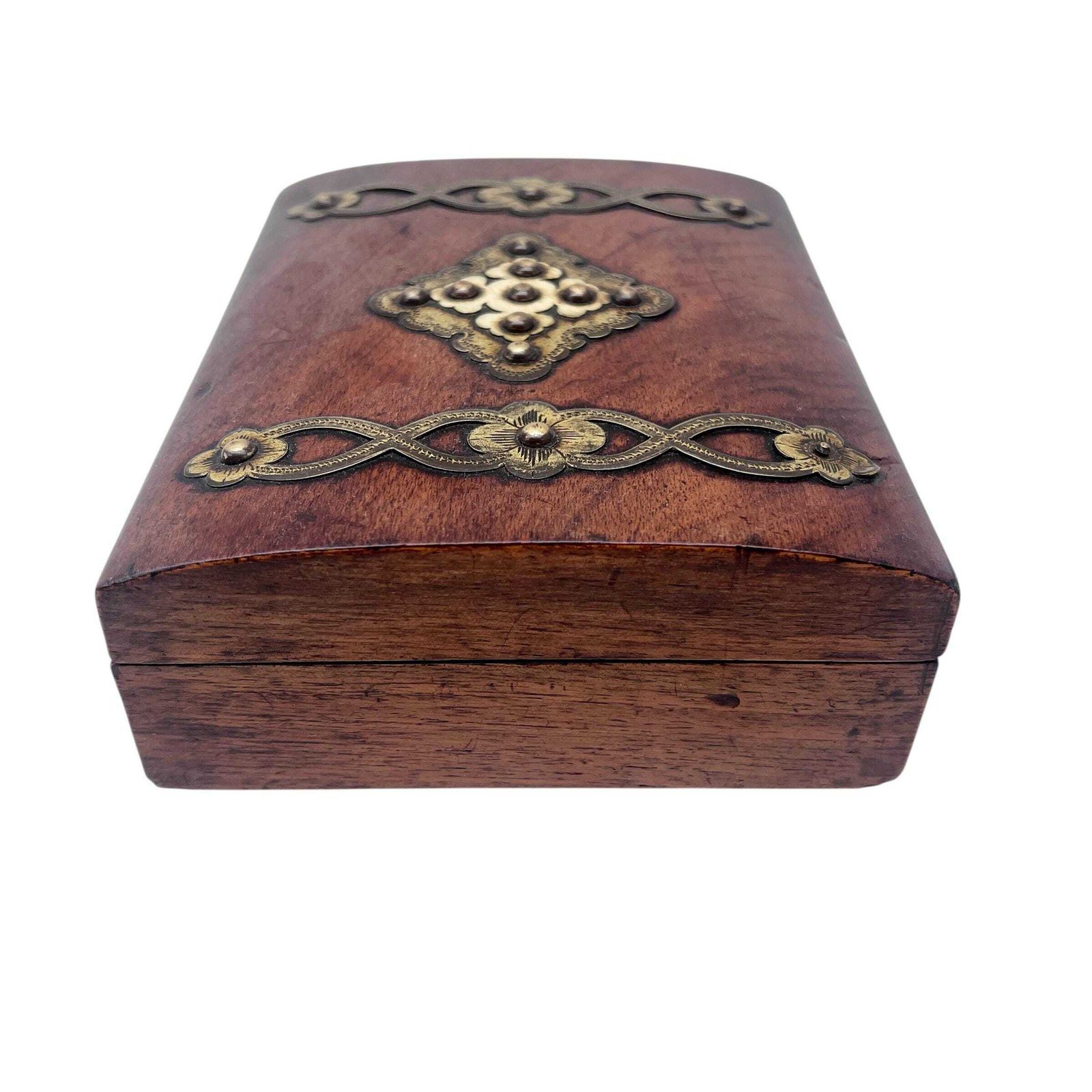 Antique Victorian Mahogany Dome Topped Box Brass Escutcheons Home Decor Study Decor Treen photo for sale