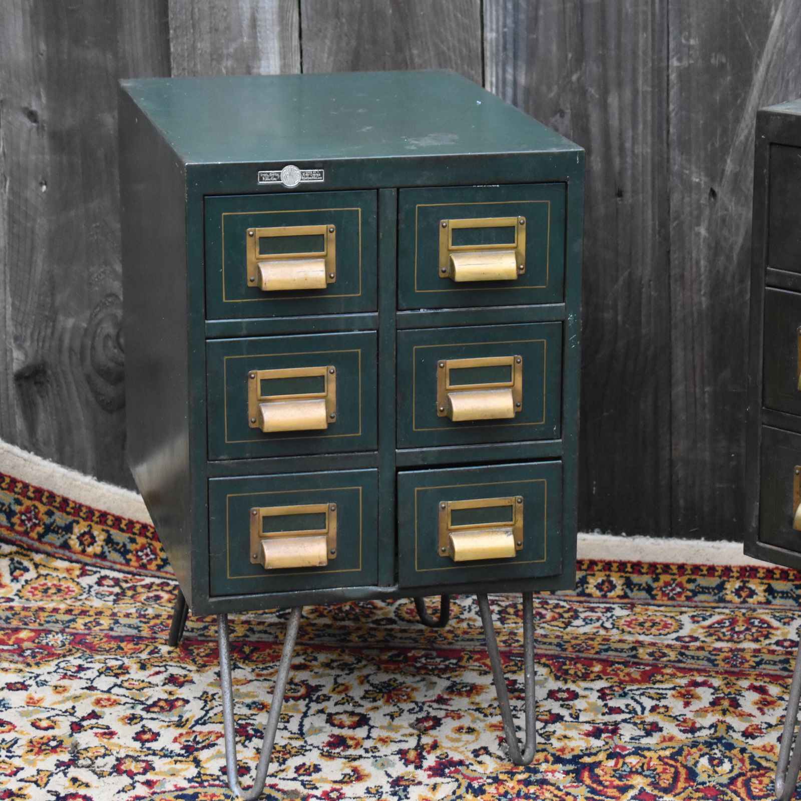 Vintage 1934 Roneo Green Steel Filing Bank Of Drawers Bedside Cabinets Pair photo vinterior
