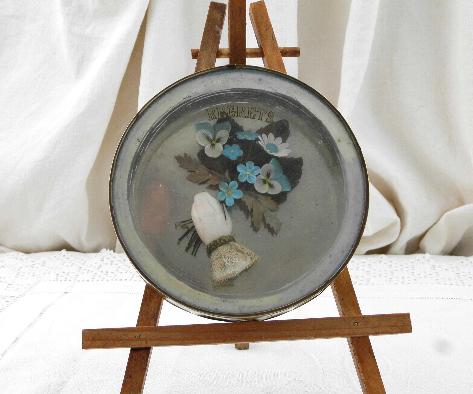 Antique French Round Mourning Shadow Box With Hand And Blue Flowers, Retro 3d Wall Hanging Funeral Picture, Souvenir And Regrets From France photo buy