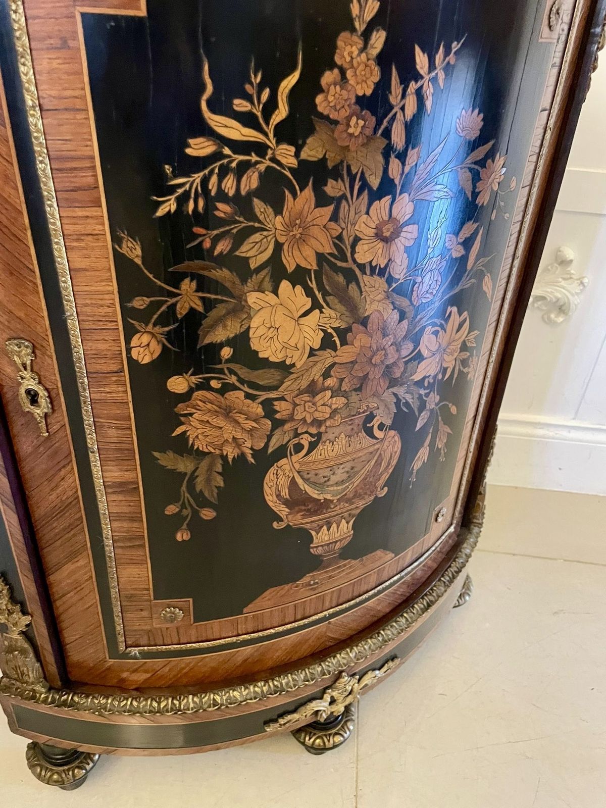 photo furniture Antique French Louis XVI Style Marquetry Corner Cabinet With Marble Top