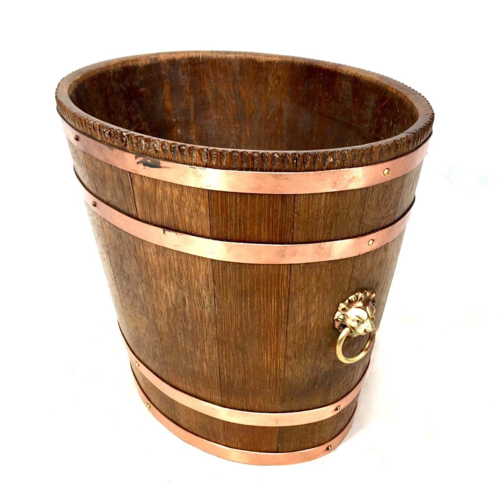 Antique Wooden Oak & Copper Barrel Log Bucket / Fireside Scuttle / Planter C1900 photo furniture