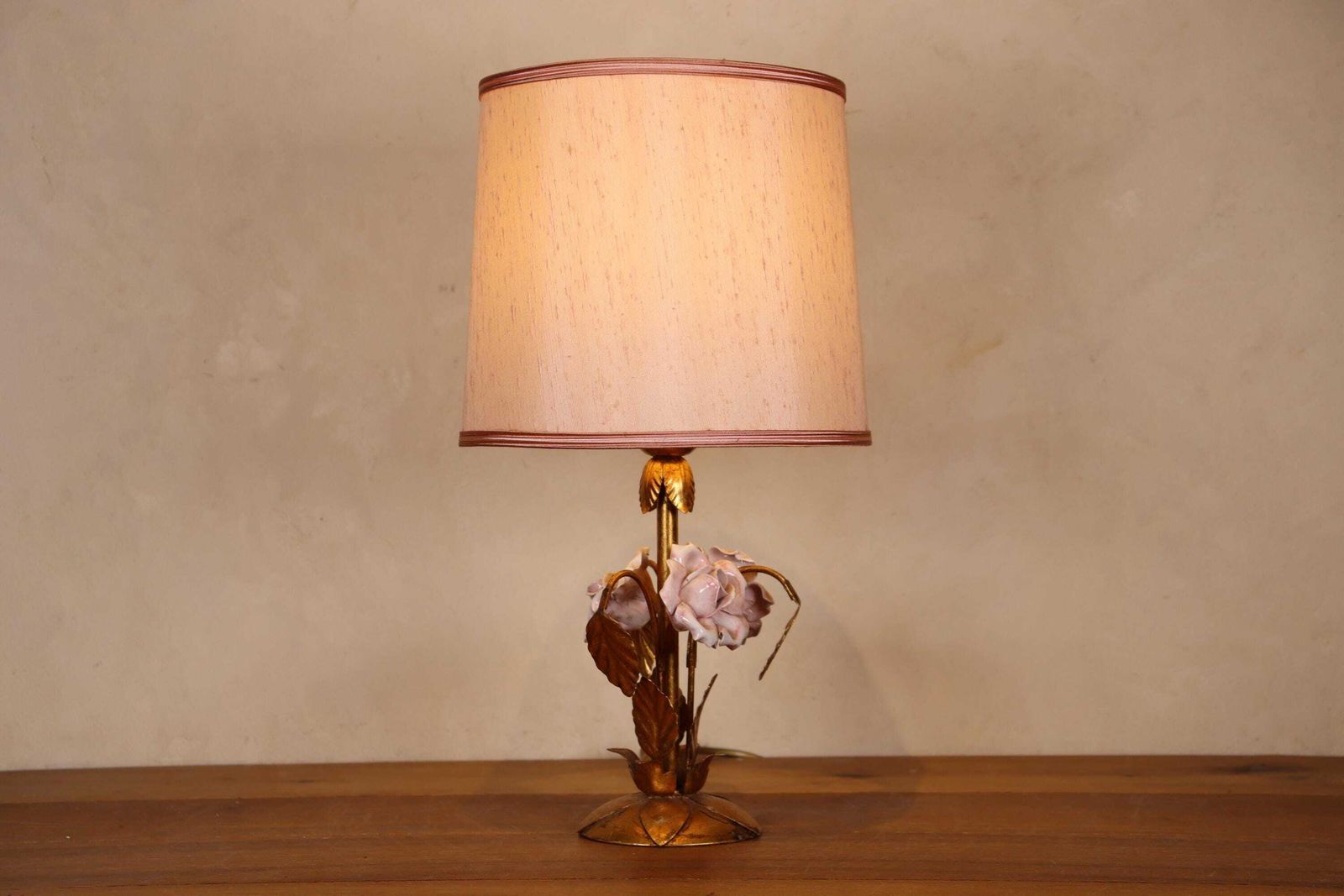 Gilded Porcelain Rose Lamp: Hollywood Regency Desk Or Table Lamp (St.245) photo furniture
