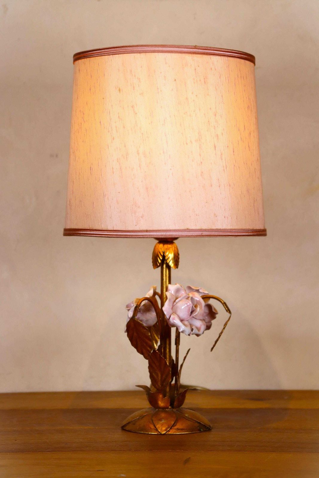Gilded Porcelain Rose Lamp: Hollywood Regency Desk Or Table Lamp (St.245) photo for sale