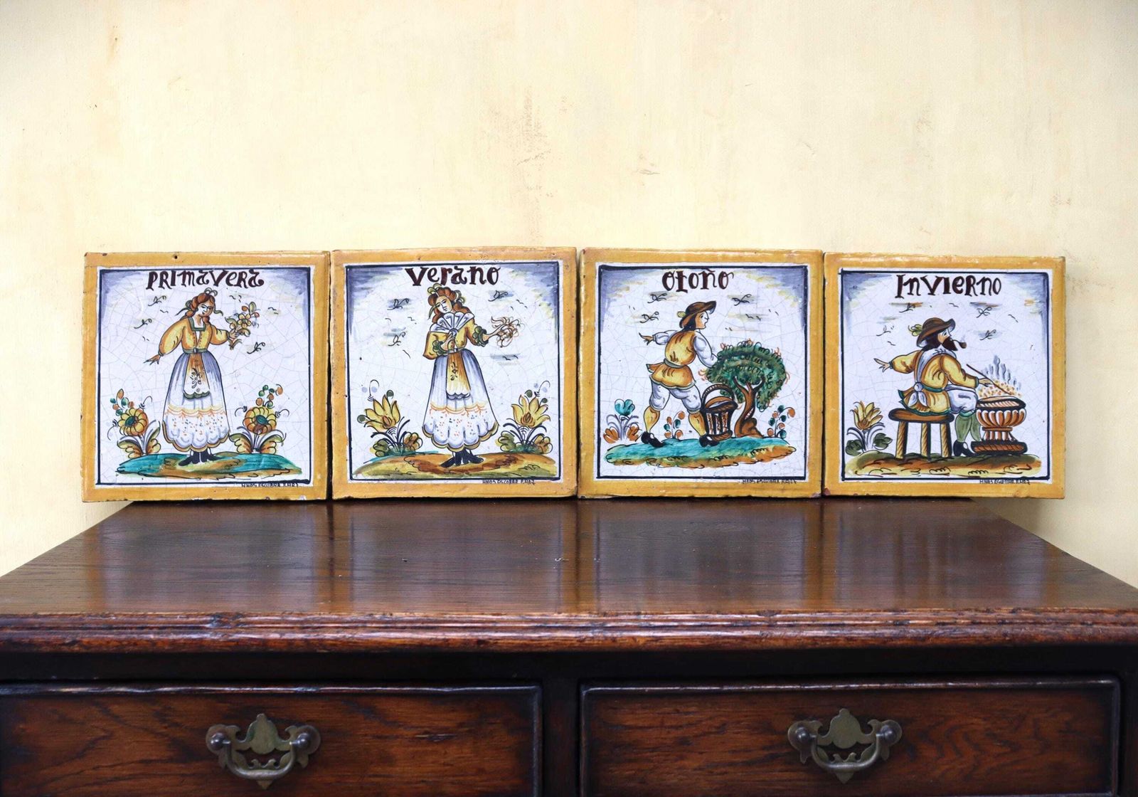 Set Of Four Spanish Vintage Antique Style Tiles , Depicting The Four Seasons (St.265)