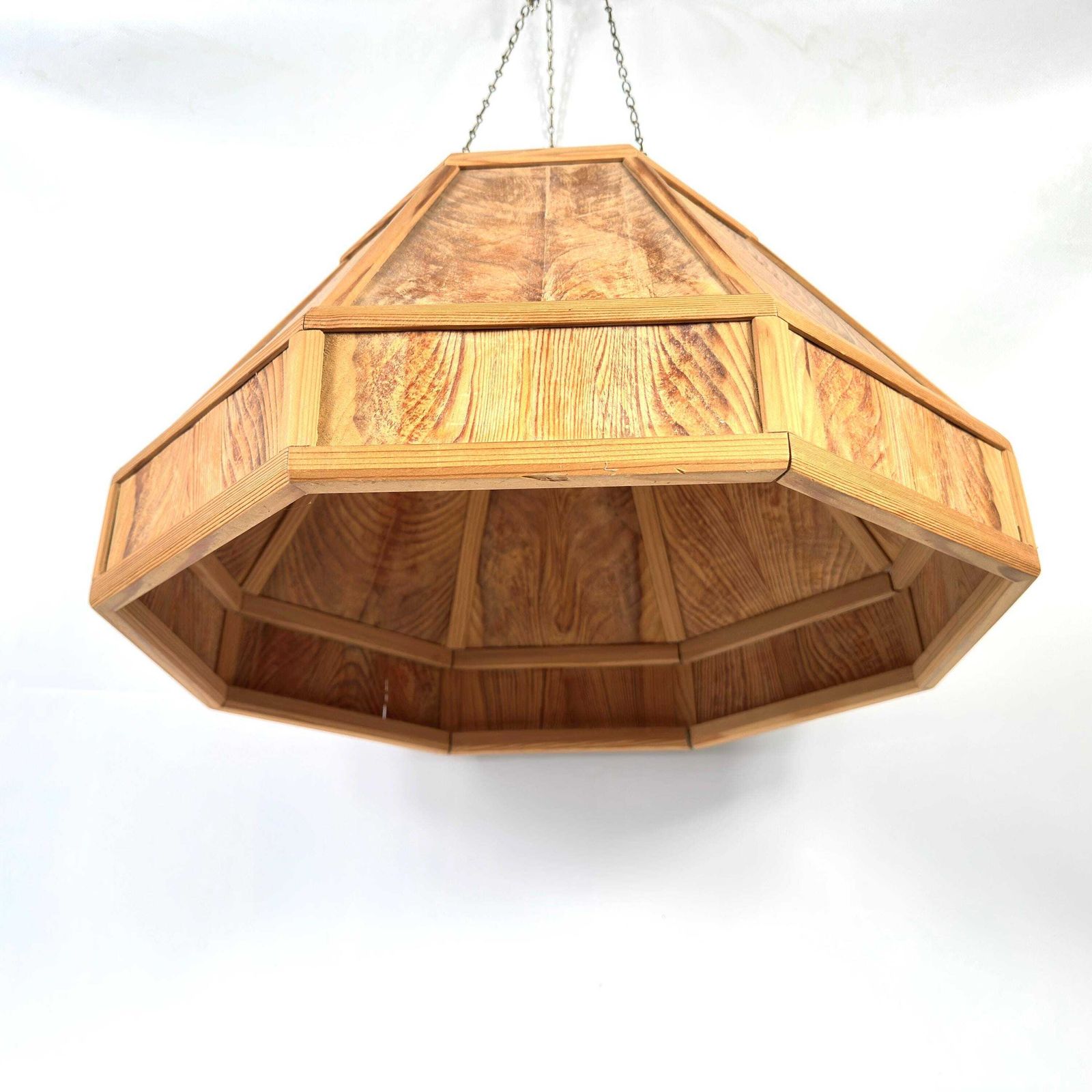 Scandinavian Wooden Ceiling Lamp Shade – 1970s Geometric Pine Pendant Light photo for sale