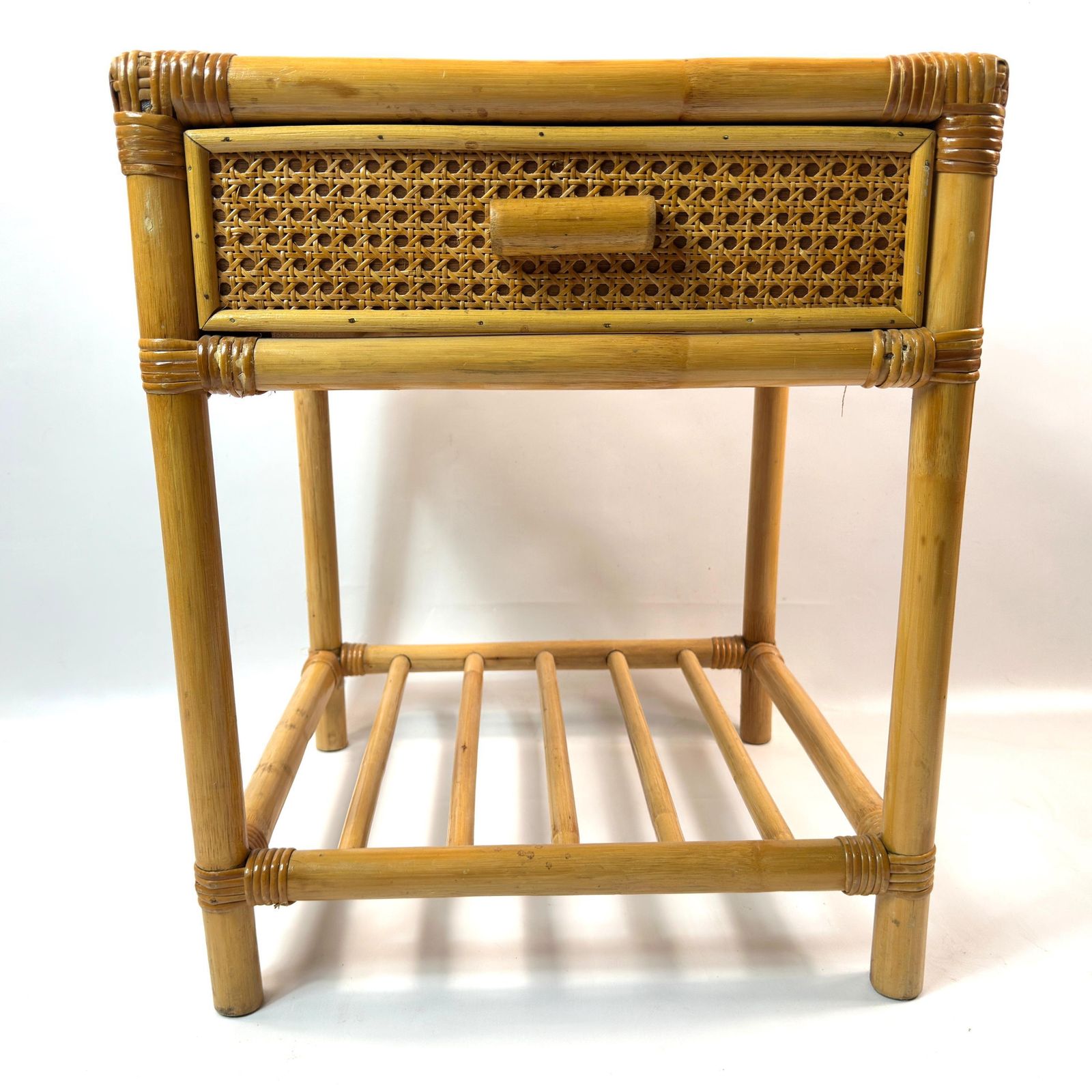 Vintage Bamboo Side Table With Drawer – 1970s Rattan Boho Decor Furniture photo vintage