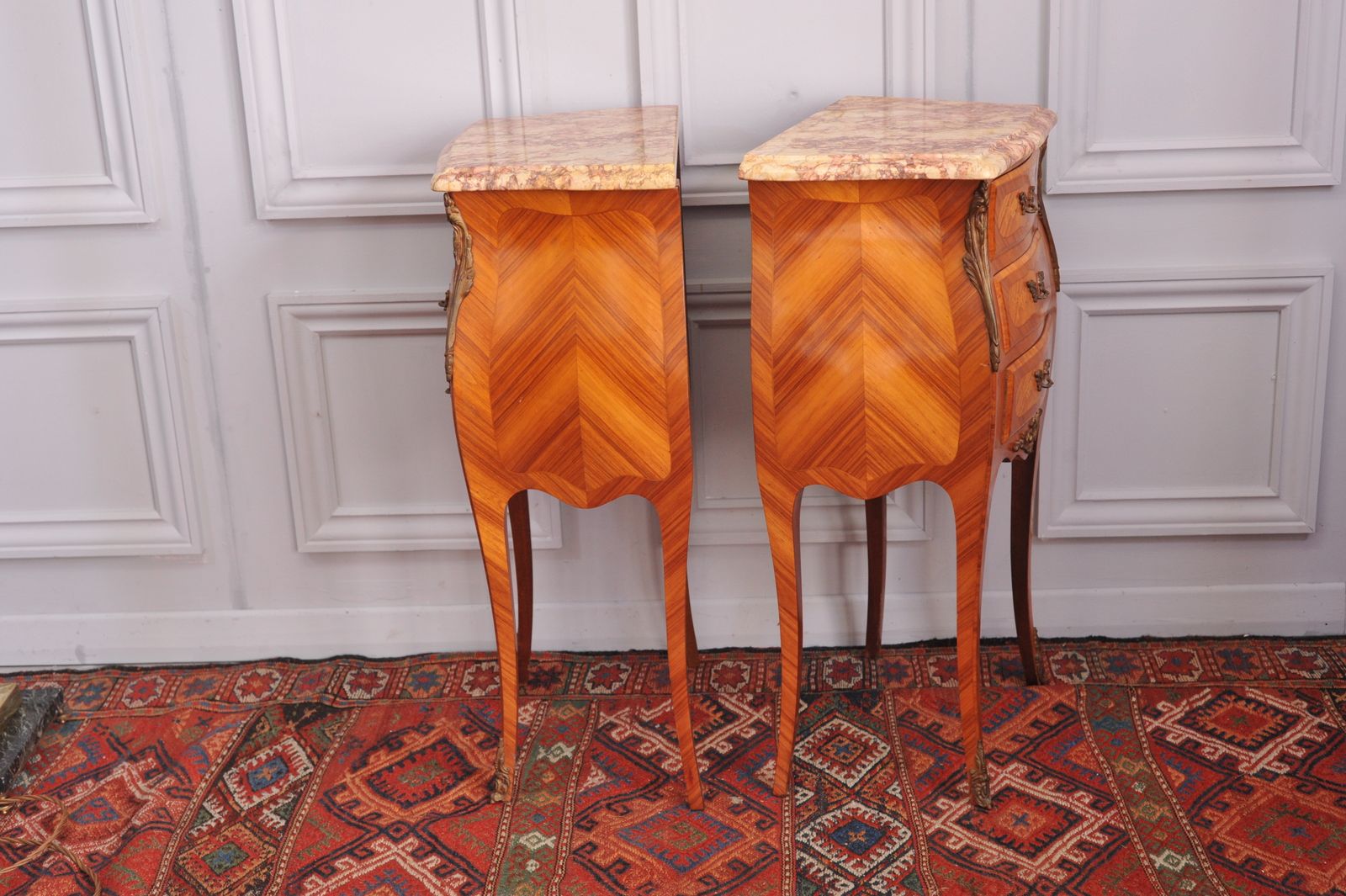 Vintage French Mid C Pair Of  Louis XV Style Three Drawer Marble Top Cabinets Bedsides Chests photo vintage