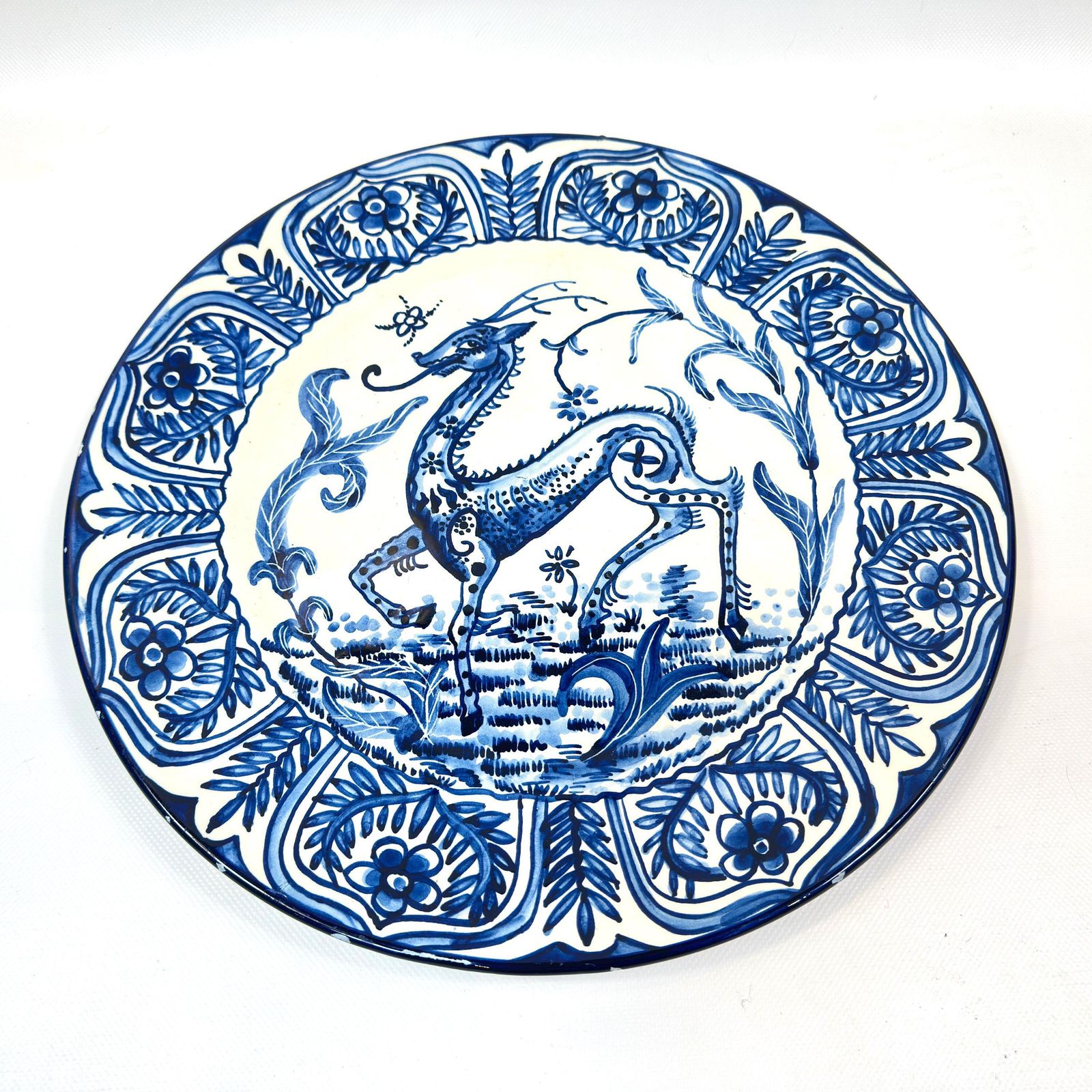 Large Spanish Talavera Style Charger 40 Cm – Blue & White Mythical Deer Wall Plate, Hand Painted, 1940s photo furniture