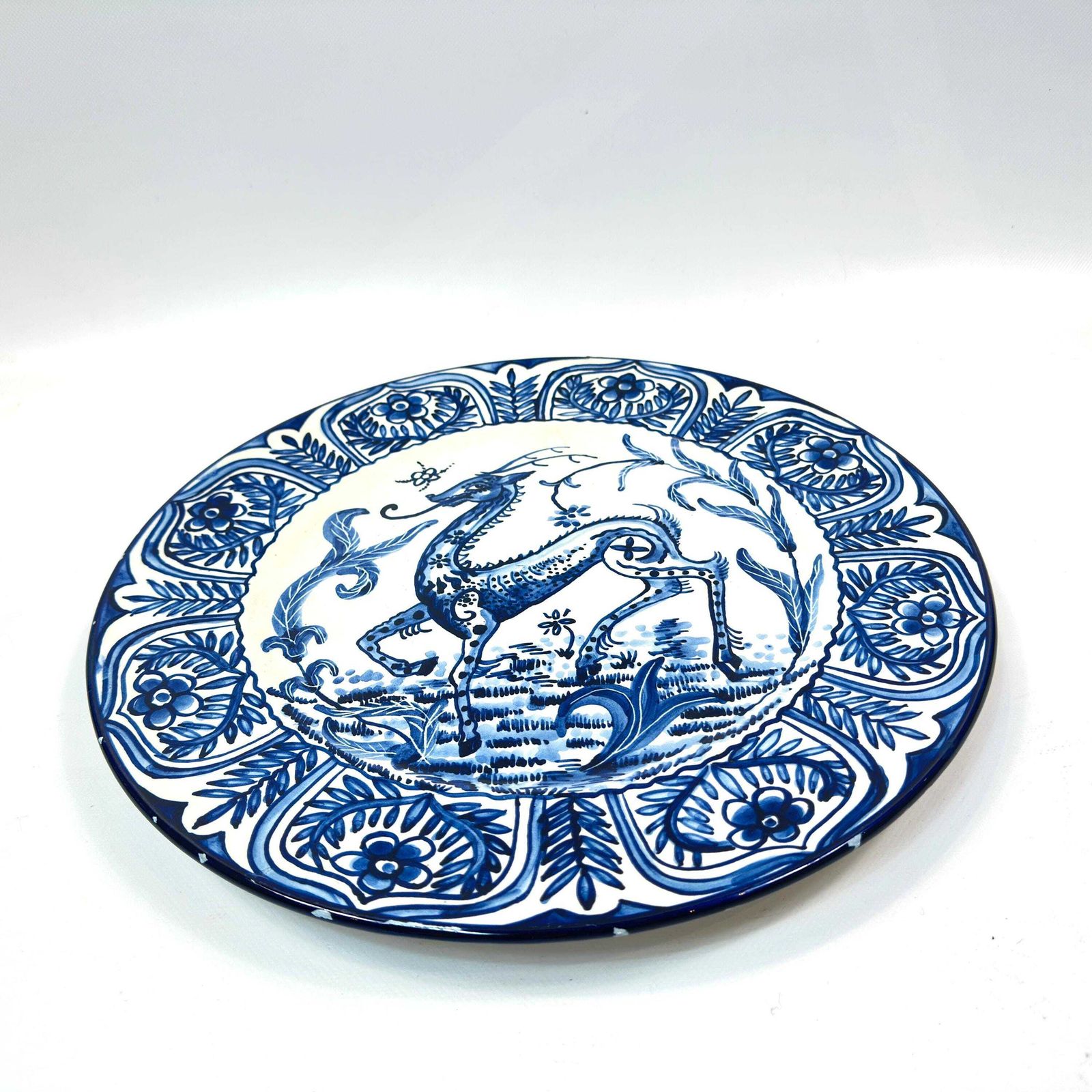 Large Spanish Talavera Style Charger 40 Cm – Blue & White Mythical Deer Wall Plate, Hand Painted, 1940s photo for sale