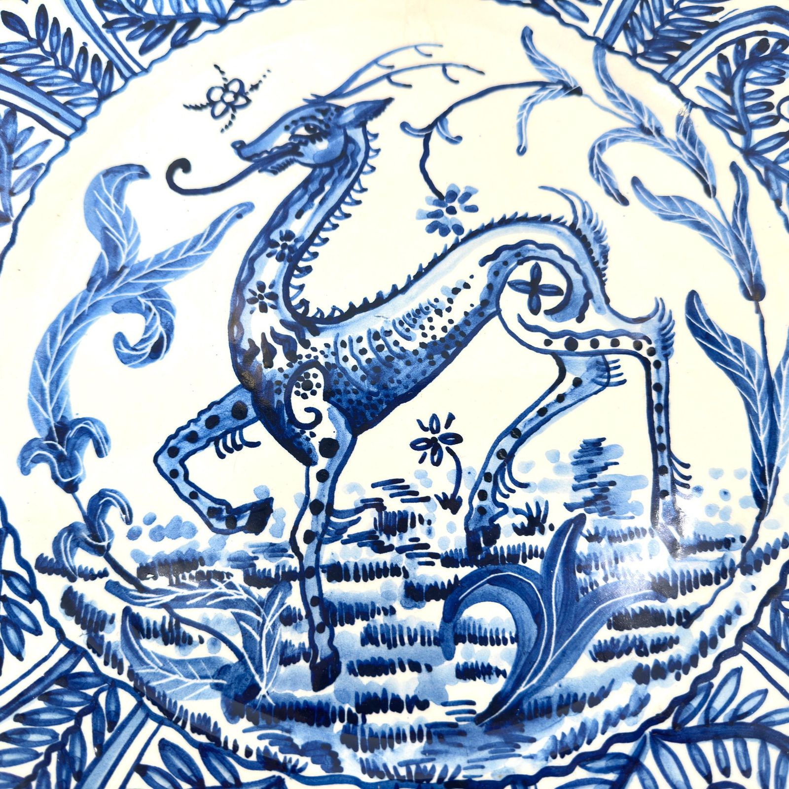 Large Spanish Talavera Style Charger 40 Cm – Blue & White Mythical Deer Wall Plate, Hand Painted, 1940s photo 235.0