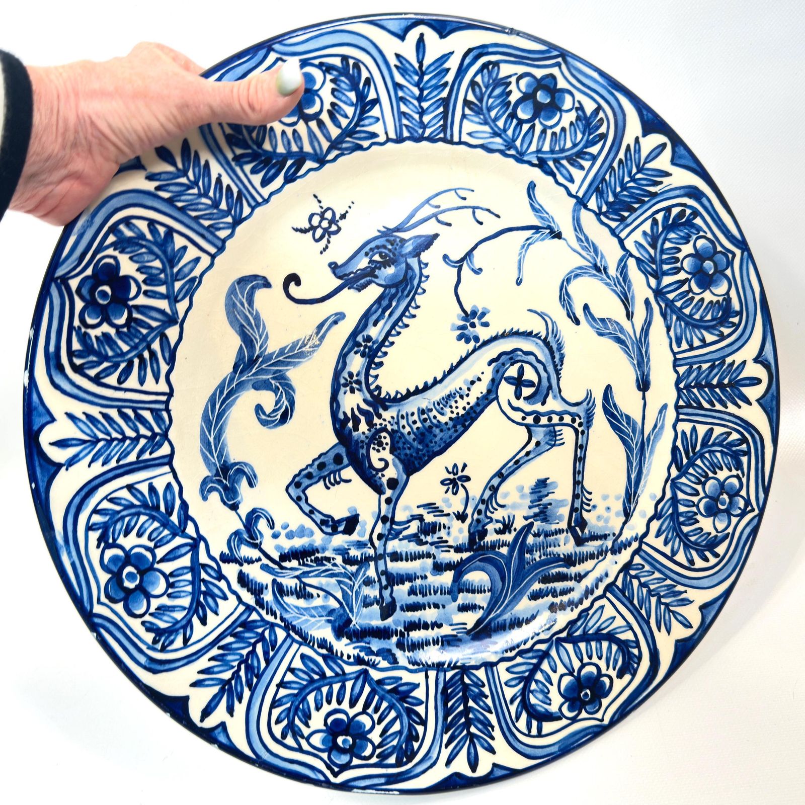 Large Spanish Talavera Style Charger 40 Cm – Blue & White Mythical Deer Wall Plate, Hand Painted, 1940s photo buy