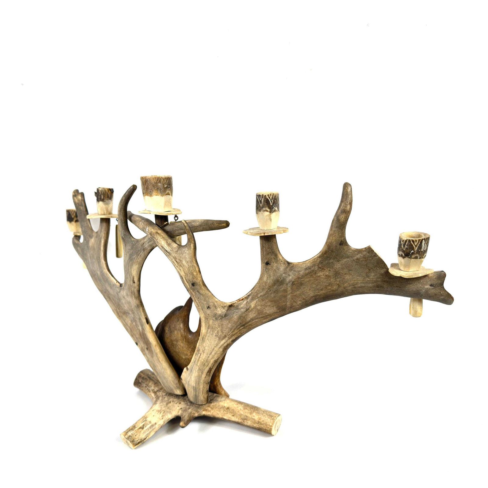 Large Scandinavian Antler Candelabra – Hand Carved Sámi Folk Art, 1940s Lodge Decor photo vintage