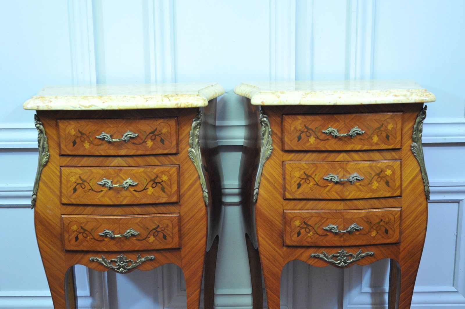 Pair Of Vintage French Mid C Louis XV Style Three Drawer Marble Top Cabinets Bedsides photo for sale